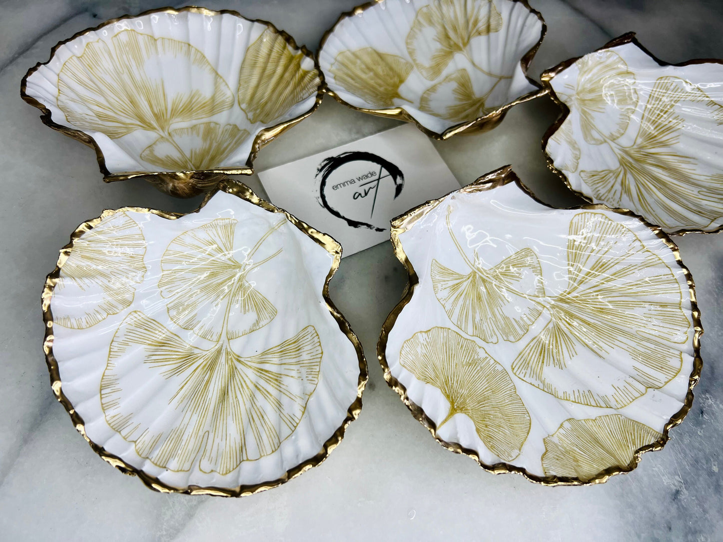 Ocean decor, gift for her, decoupage shell dish, Ocean decor, shell trinket dish, Gold Gingko decor, Shell dish, Jewellery dish, Ocean Art, Gift for him, Mothers Day gift, Easter gift, Chinese Decor, EmmawadeART,