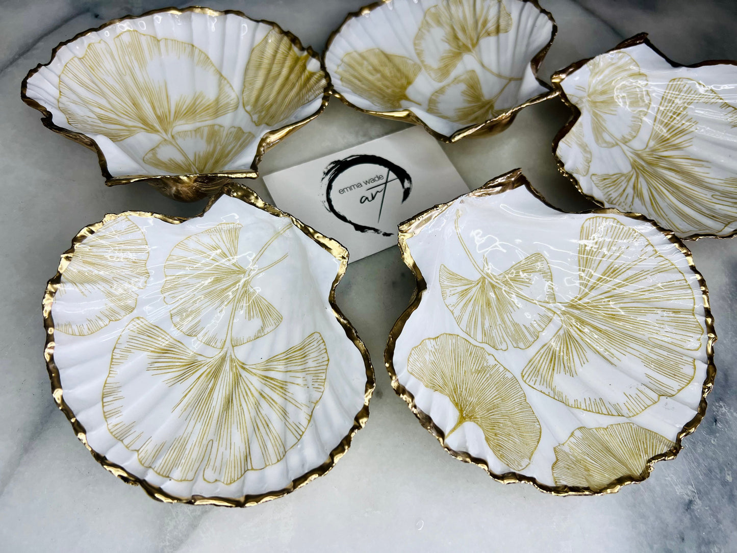 Ocean decor, gift for her, decoupage shell dish, Ocean decor, shell trinket dish, Gold Gingko decor, Shell dish, Jewellery dish, Ocean Art, Gift for him, Mothers Day gift, Easter gift, Chinese Decor, EmmawadeART,