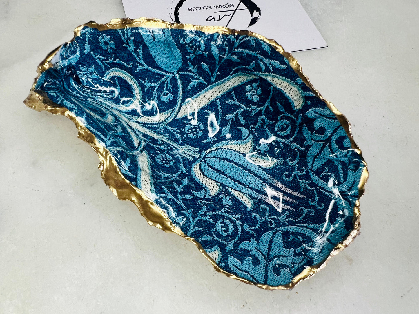 Handmade William Morris Oyster Shell Trinket Dish, Blue Tulip Gold Gilded Ring Dish, Coastal Decor Gift