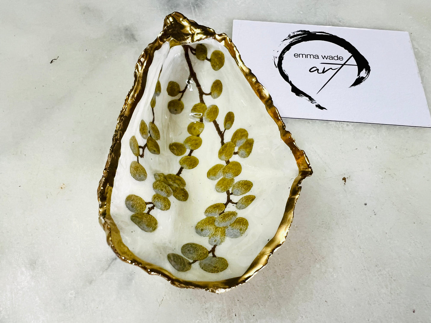 White Berries Dorset Oyster Ring Shell Dish: Gold Gilded Shell Jewelry Tray, Coastal Decor, Host gift