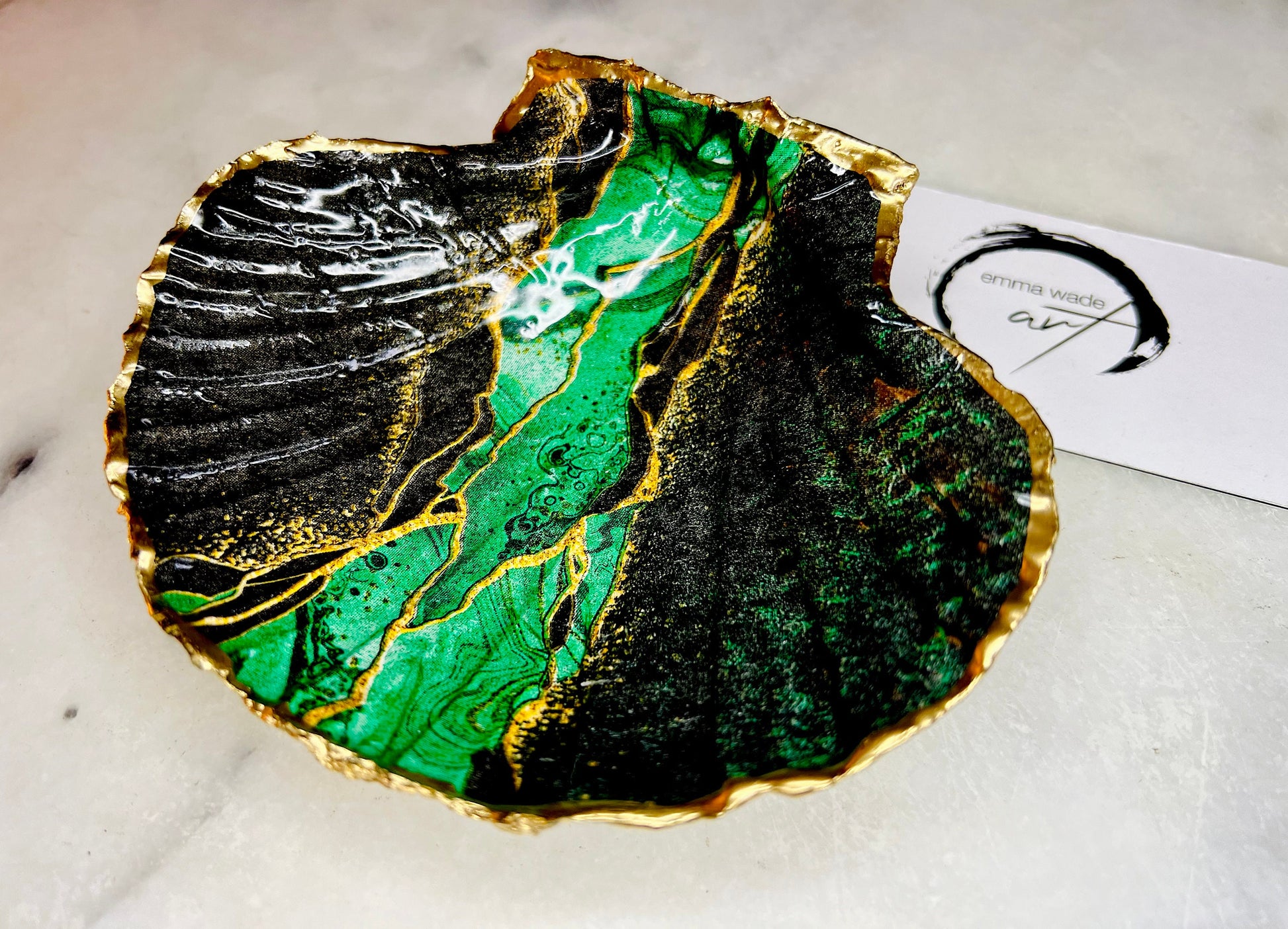 Green Black agate dish, gift for her, gift for him, scallop decoupage dish, scallop trinket dish, decoupage ornament, coastal gift, coastal decor, EmmaWadeART, nature lover gift, pink dish, scallop jewellery dish, shell decor, shell gift, ocean gift