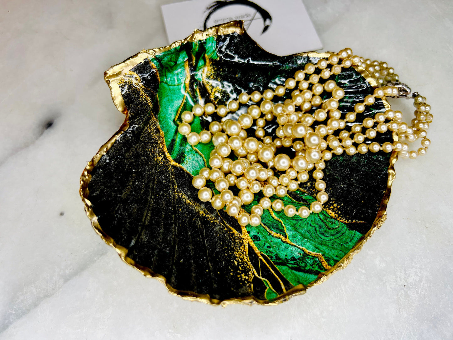 Green Black agate dish, gift for her, gift for him, scallop decoupage dish, scallop trinket dish, decoupage ornament, coastal gift, coastal decor, EmmaWadeART, nature lover gift, pink dish, scallop jewellery dish, shell decor, shell gift, ocean gift