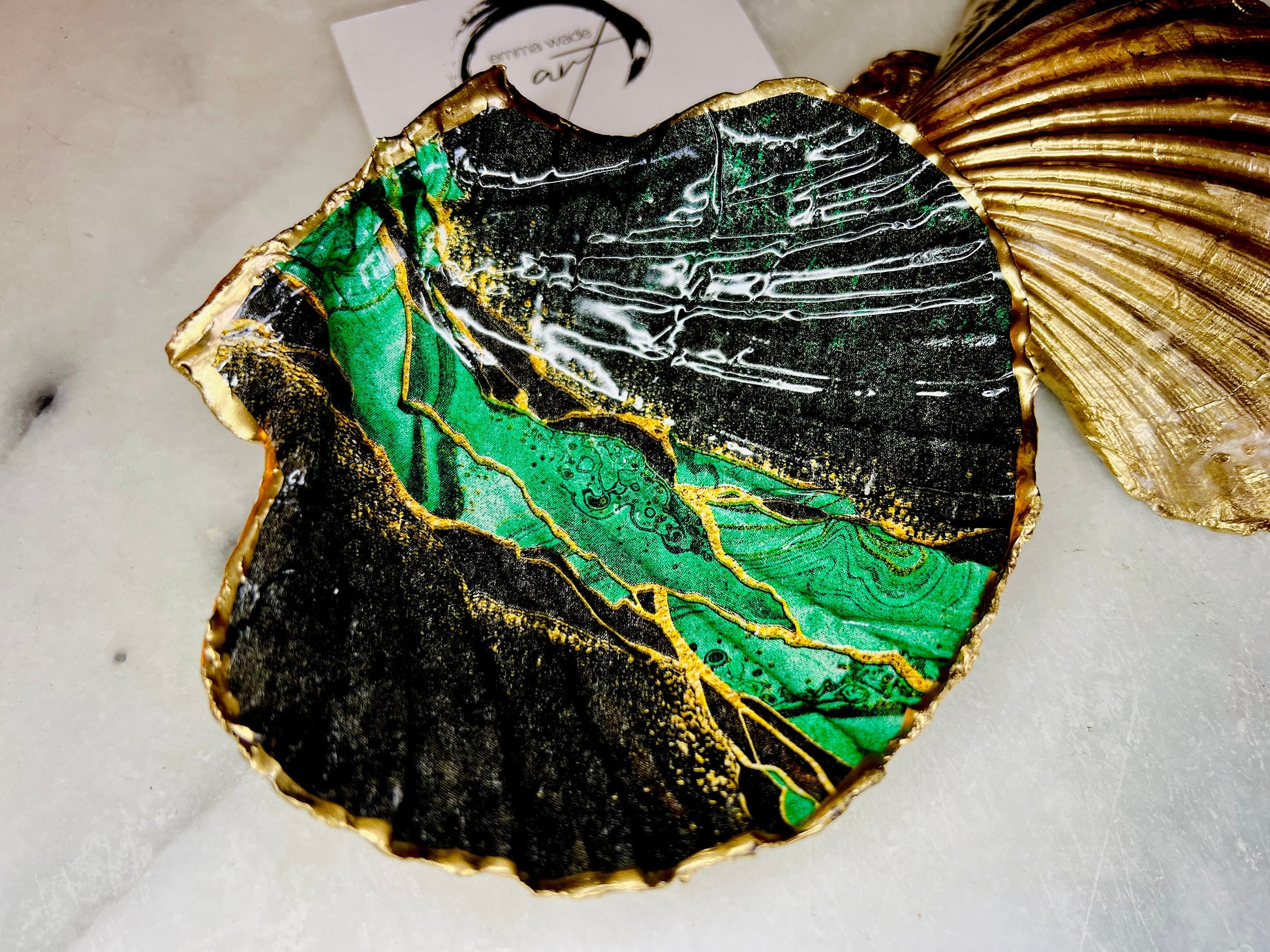 Green Black agate dish, gift for her, gift for him, scallop decoupage dish, scallop trinket dish, decoupage ornament, coastal gift, coastal decor, EmmaWadeART, nature lover gift, pink dish, scallop jewellery dish, shell decor, shell gift, ocean gift