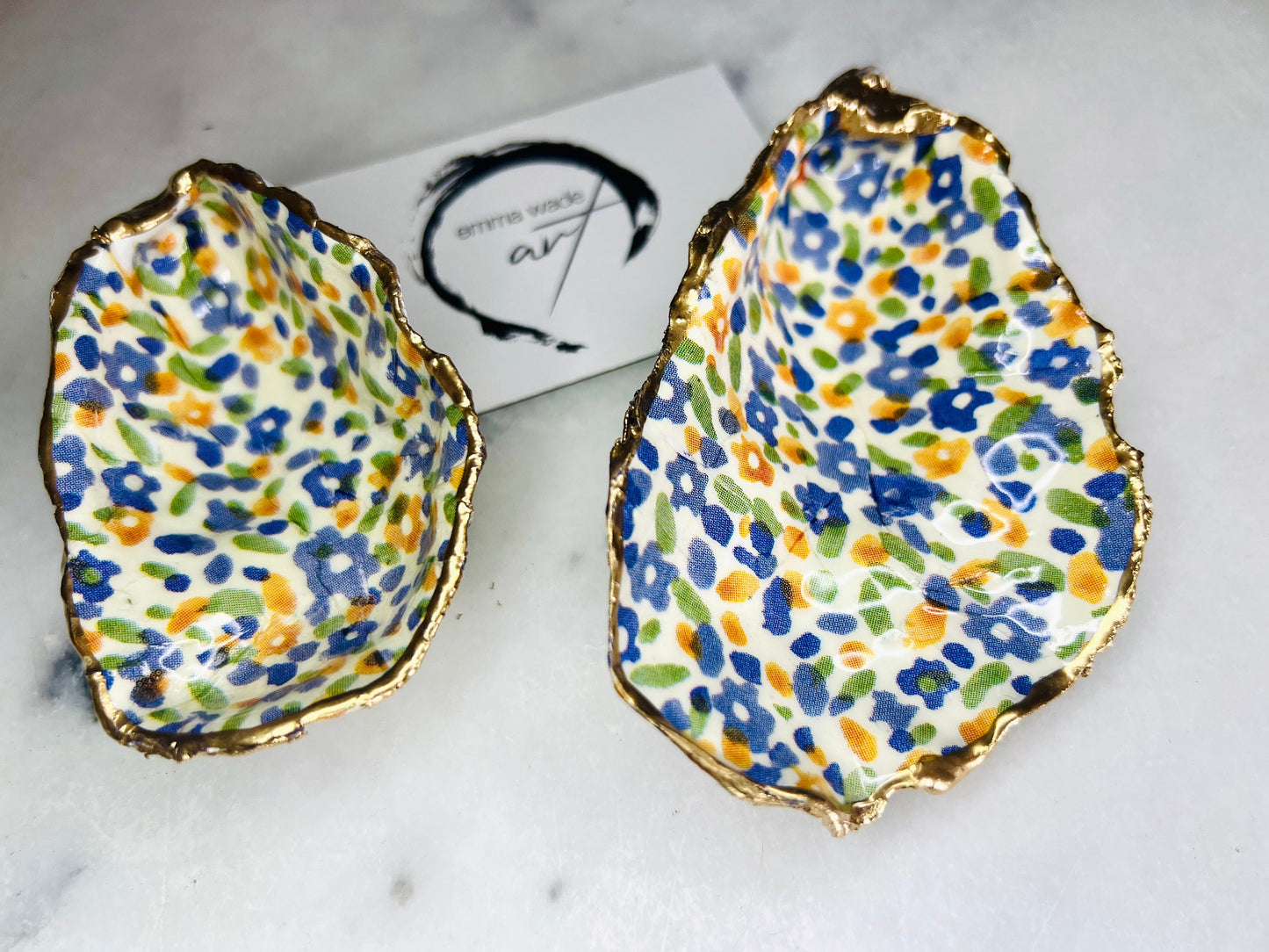 Emma Bridgewater Wildflower Oyster Shell Trinket Dish: Gilded Gold Leaf Ring Holder, sealed with Resin. Coastal Gift. Handmade in the UK