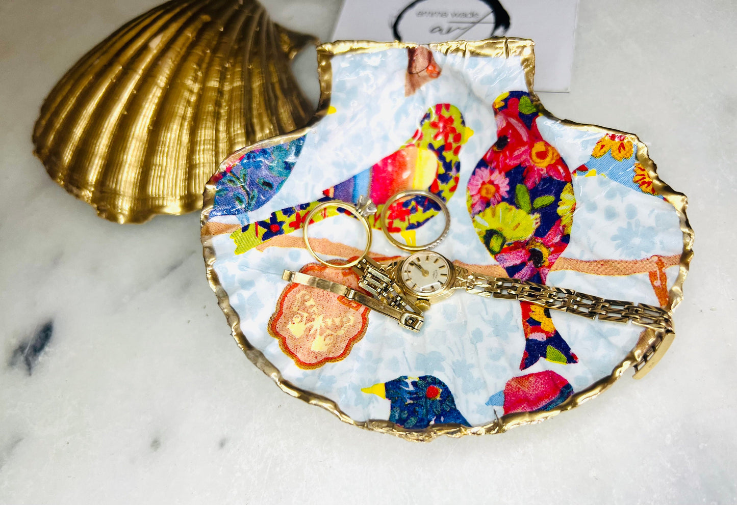 gift for her, decorated dish, jewellery shell dish, trinket shell dish, serving dish, coastal decor, shell decorations, decorative accessories, decoupaged scallop shell, coastal gift, jewelled bird gift, EmmaWadeART, bird lover gift, scallop dish