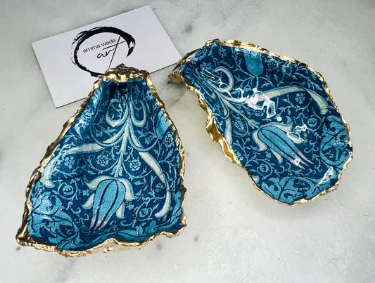 William Morris tulip bluebells and nettle oyster shell dish, Dorset oyster shell jewellery holder, gold leaf gilded floral trinket dish, handmade coastal oyster shell decor UK, William Morris floral oyster shell ornament, oyster shell salt and pepper pinch pot, oyster shell cufflink tray, William Morris inspired oyster shell gift, eco friendly oyster shell bathroom decor, handmade Dorset oyster shell art, unique floral oyster shell jewellery dish, sustainable William Morris shell keepsake