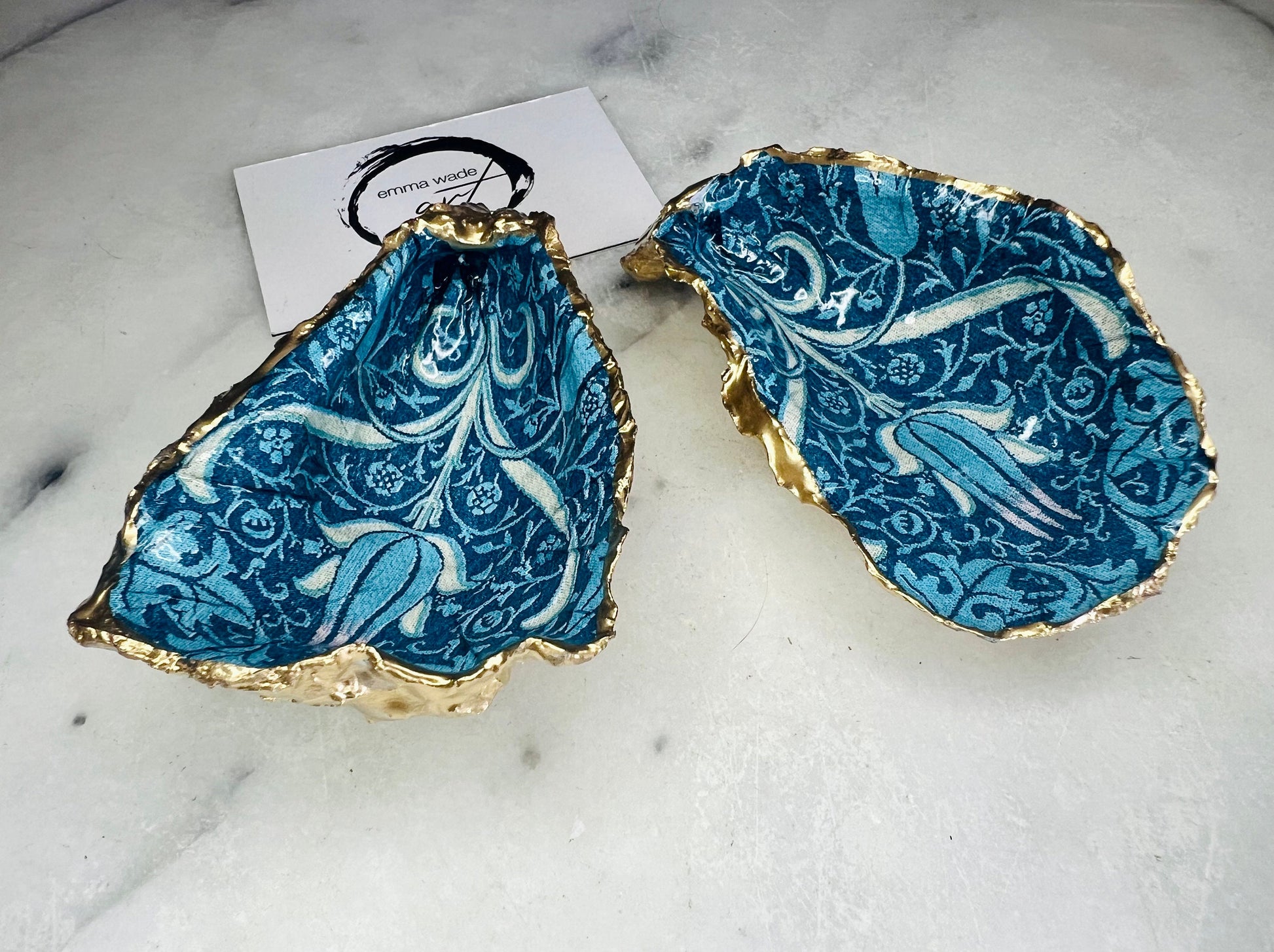William Morris tulip bluebells and nettle oyster shell dish, Dorset oyster shell jewellery holder, gold leaf gilded floral trinket dish, handmade coastal oyster shell decor UK, William Morris floral oyster shell ornament, oyster shell salt and pepper pinch pot, oyster shell cufflink tray, William Morris inspired oyster shell gift, eco friendly oyster shell bathroom decor, handmade Dorset oyster shell art, unique floral oyster shell jewellery dish, sustainable William Morris shell keepsake