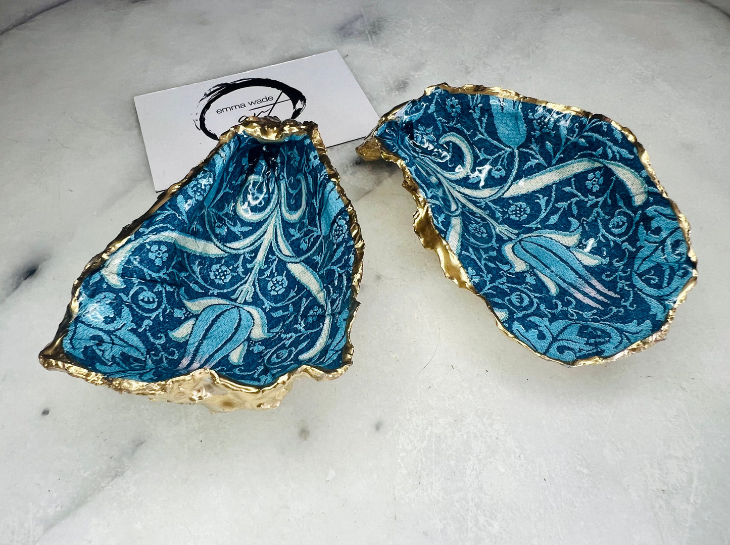 Handmade William Morris Oyster Shell Trinket Dish, Blue Tulip Gold Gilded Ring Dish, Coastal Decor Gift