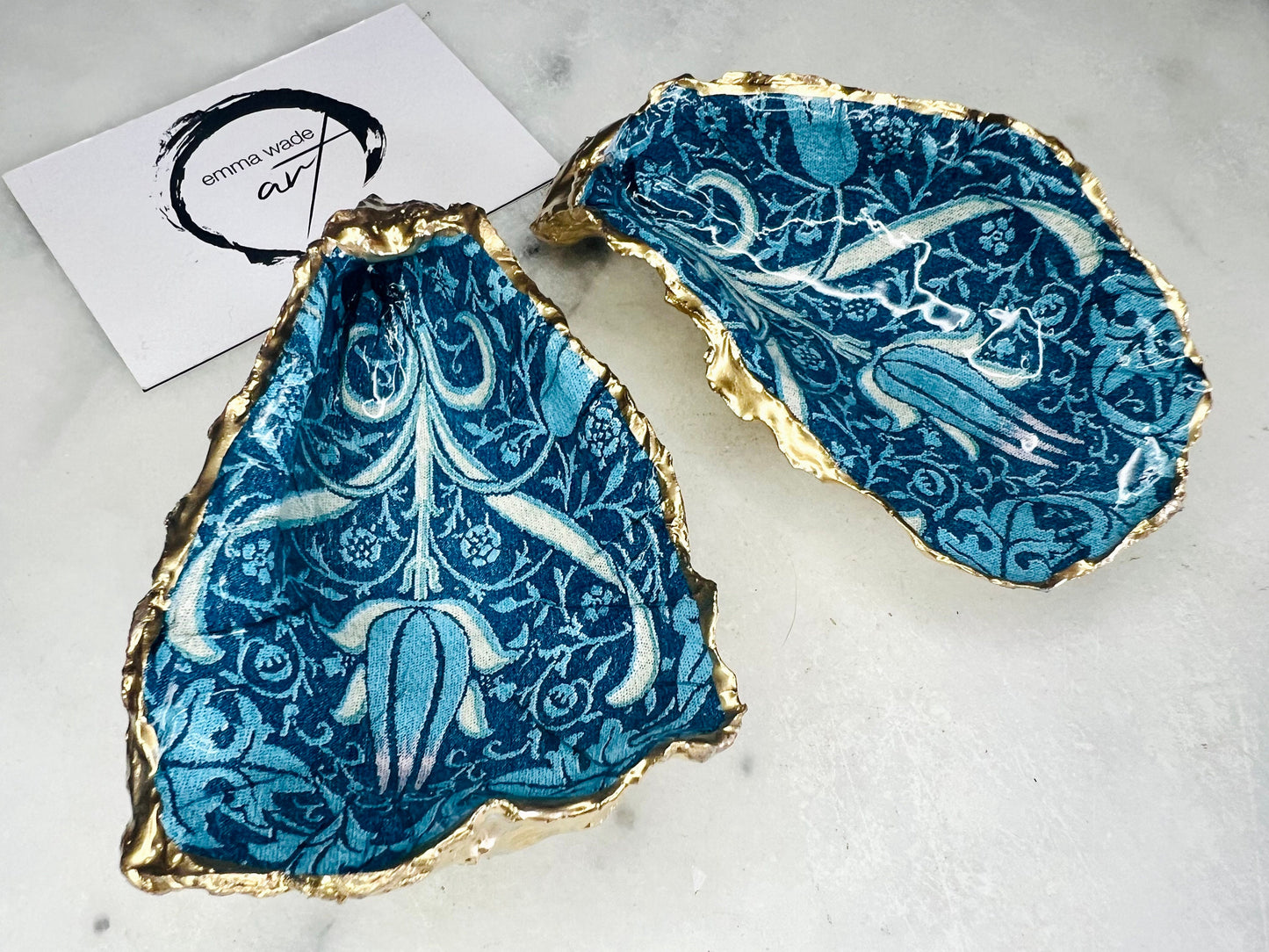 Handmade William Morris Oyster Shell Trinket Dish, Blue Tulip Gold Gilded Ring Dish, Coastal Decor Gift