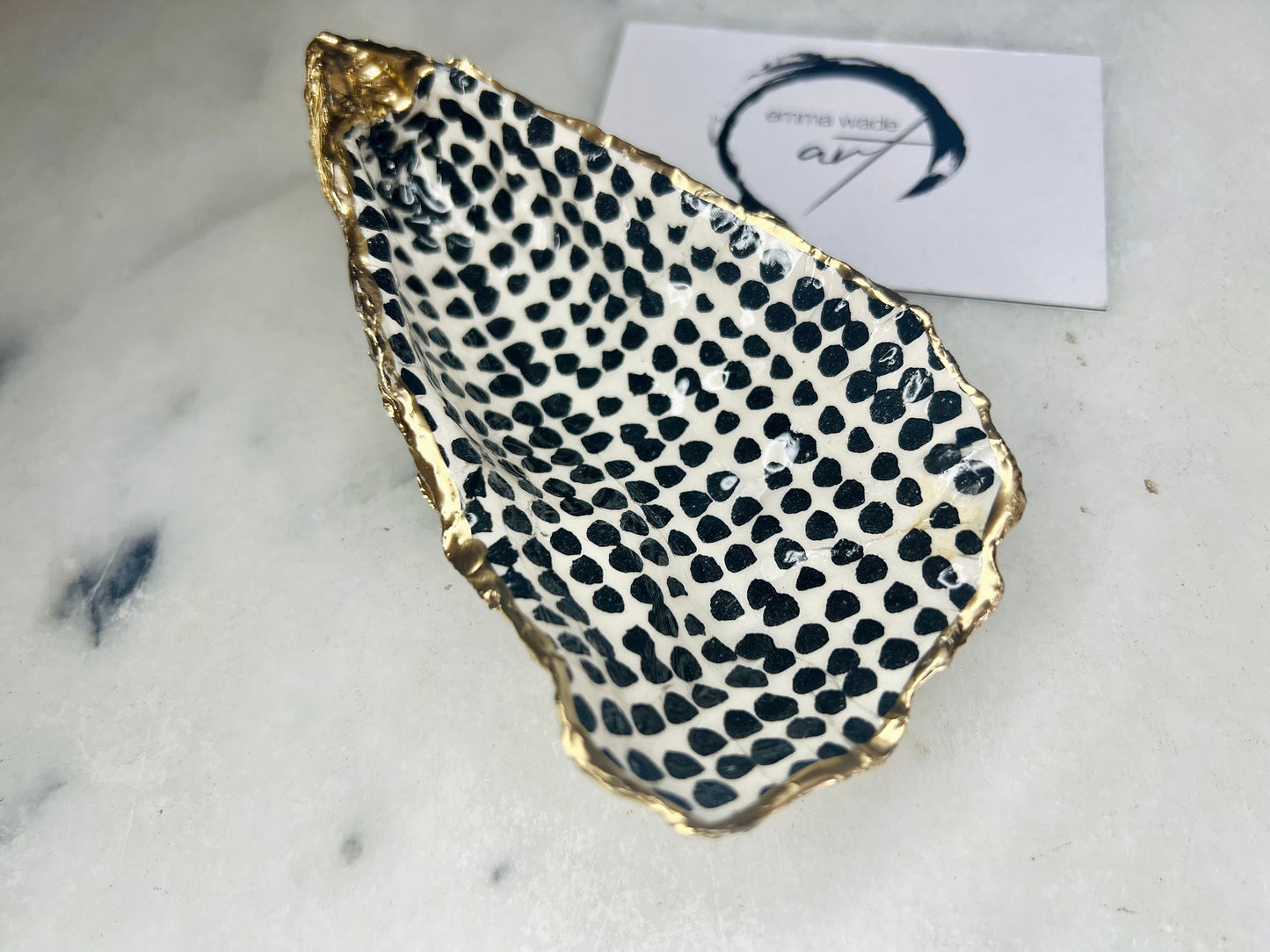 Finnish Marimekko Black White Oyster Ring Shell Dish: Gold Leaf Accent Trinket tray, Scandinavian decor, Coastal gift
