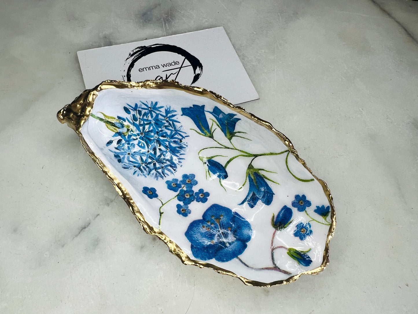 Blue Spring Floral Oyster Trinket Dish, Gold Leaf Shell Ring Holder, Bluebell Jewellery Dish, Coastal Floral Decor
