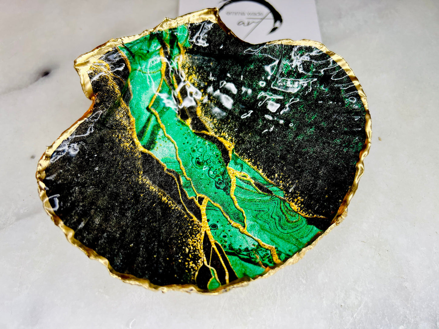 Green Black agate dish, gift for her, gift for him, scallop decoupage dish, scallop trinket dish, decoupage ornament, coastal gift, coastal decor, EmmaWadeART, nature lover gift, pink dish, scallop jewellery dish, shell decor, shell gift, ocean gift