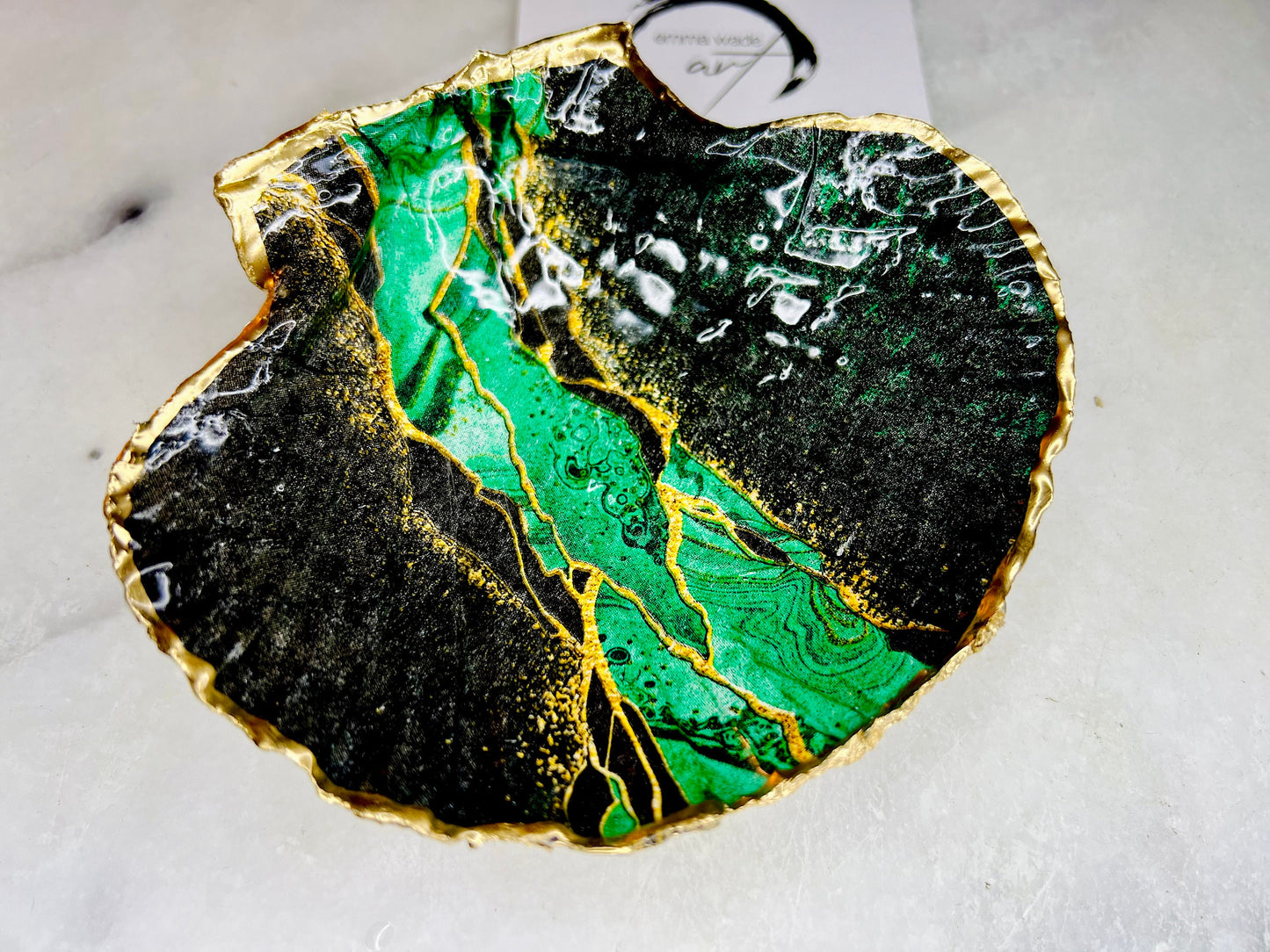 Green Black agate dish, gift for her, gift for him, scallop decoupage dish, scallop trinket dish, decoupage ornament, coastal gift, coastal decor, EmmaWadeART, nature lover gift, pink dish, scallop jewellery dish, shell decor, shell gift, ocean gift