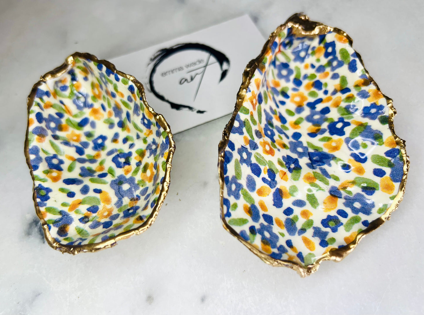 Emma Bridgewater Wildflower Oyster Shell Trinket Dish: Gilded Gold Leaf Ring Holder, sealed with Resin. Coastal Gift. Handmade in the UK