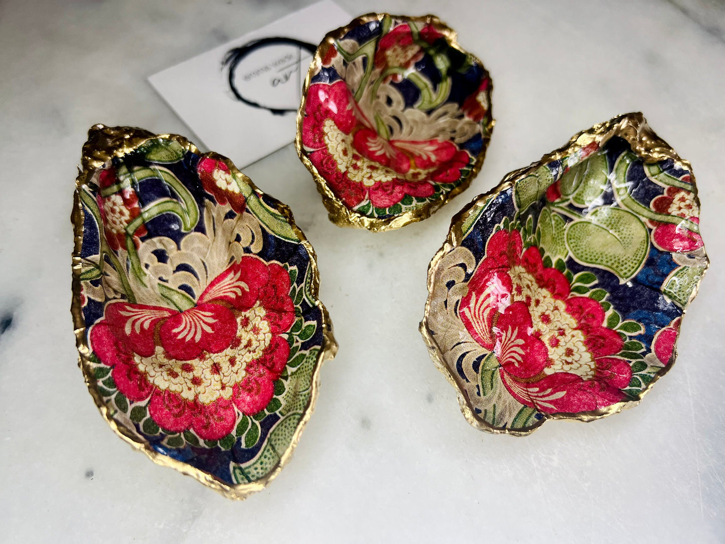 Retro Floral Dorset Oyster Trinket Dish | Gold Leaf Shell Jewellery Dish | V&A Inspired Coastal Décor | Handmade Oyster Shell Gift