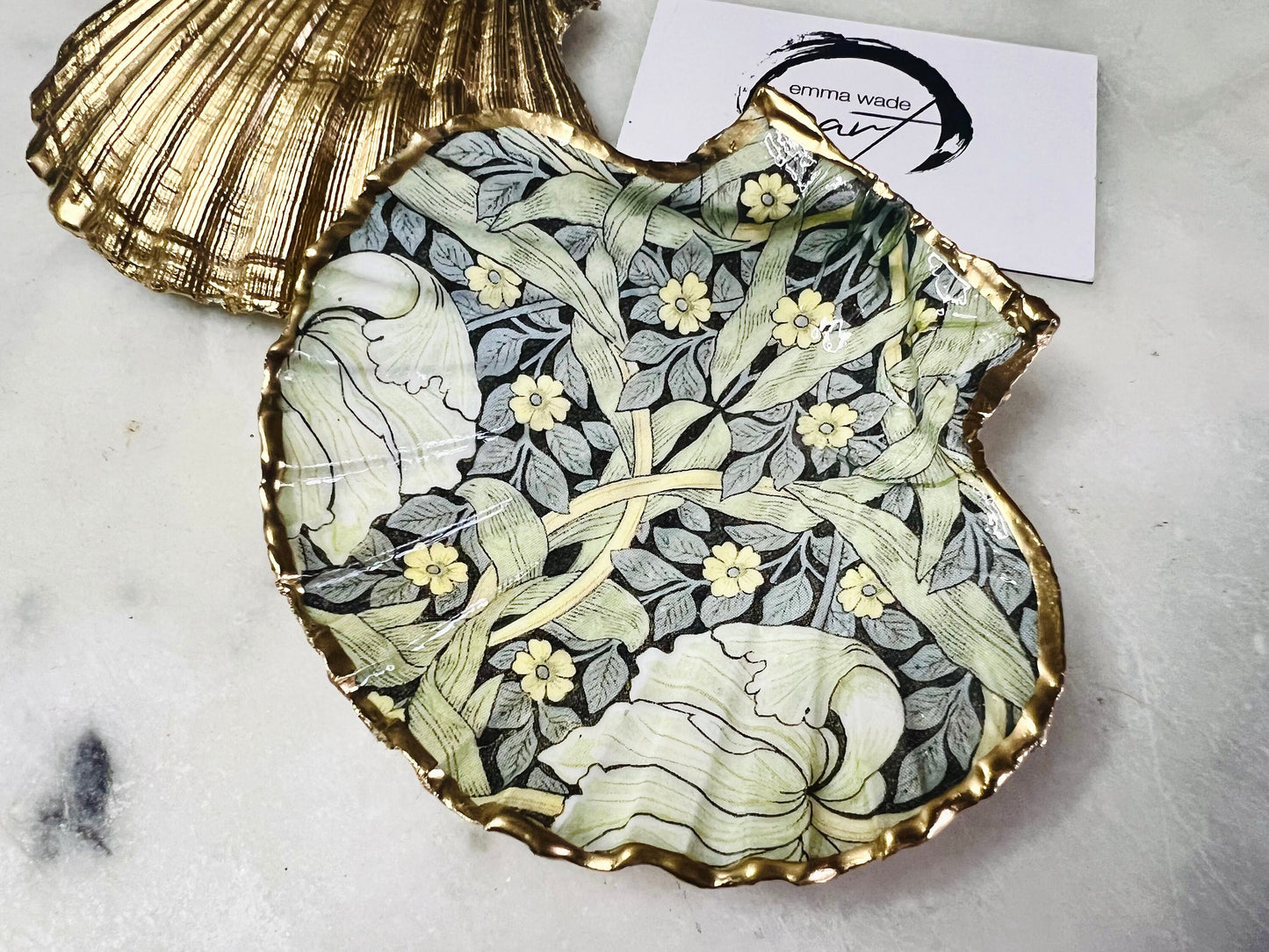 William Morris Pimpernel UK Scallop Shell Dish: Gilded Gold Leaf Jewelry Trinket Dish, Heritage Gift, Floral Gift