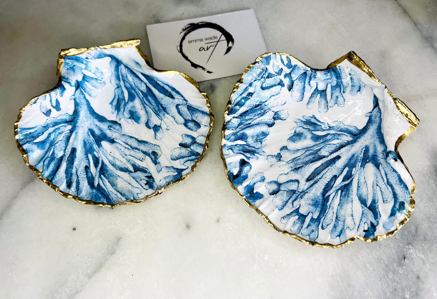 Blue Seaweed Scallop Trinket Dish | Gold Leaf Coastal Shell Ring Catcher | Ocean Decor | Coastal Gift