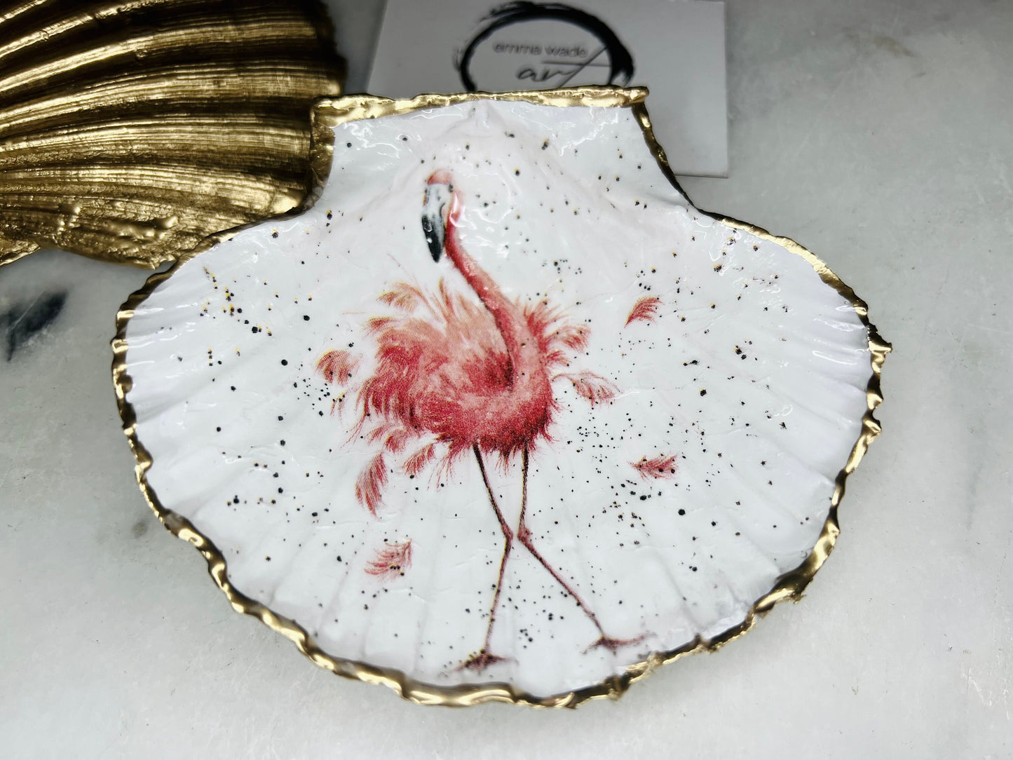 pink flamingo gift, Flamingo art, Decoupage scallop, shell trinket dish, jewellery shell dish, gift for her, ring carrier dish, coastal decor, shell Decor, pink bird dish, nature lover gift, coastal gift, gift for her, decorated dish, jewelry trinket dish, decoupage scallop shell, coastal decor by EmmaWadeART, ocean jewelry dish, ocean decor, shell trinket tray, scallop trinket tray, shell art, handmade trinket dish, gold gilded dish, proposal dish, ring dish display, ring bearer dish
