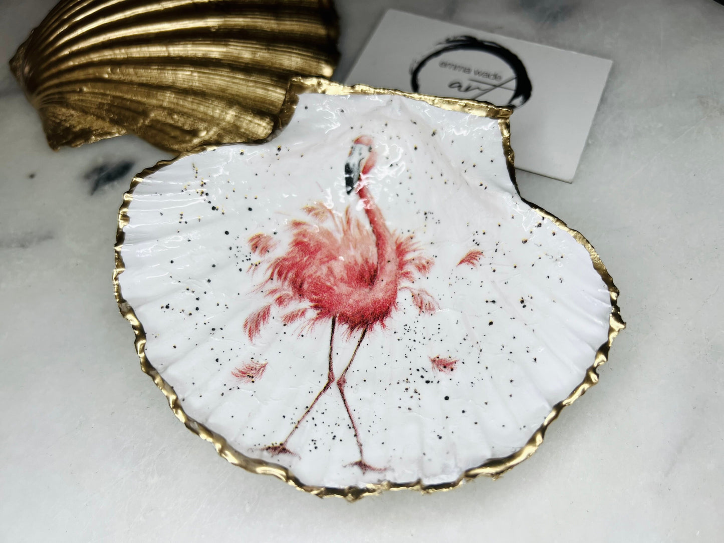 pink flamingo gift, Flamingo art, Decoupage scallop, shell trinket dish, jewellery shell dish, gift for her, ring carrier dish, coastal decor, shell Decor, pink bird dish, nature lover gift, coastal gift, gift for her, decorated dish, jewelry trinket dish, decoupage scallop shell, coastal decor by EmmaWadeART, ocean jewelry dish, ocean decor, shell trinket tray, scallop trinket tray, shell art, handmade trinket dish, gold gilded dish, proposal dish, ring dish display, ring bearer dish