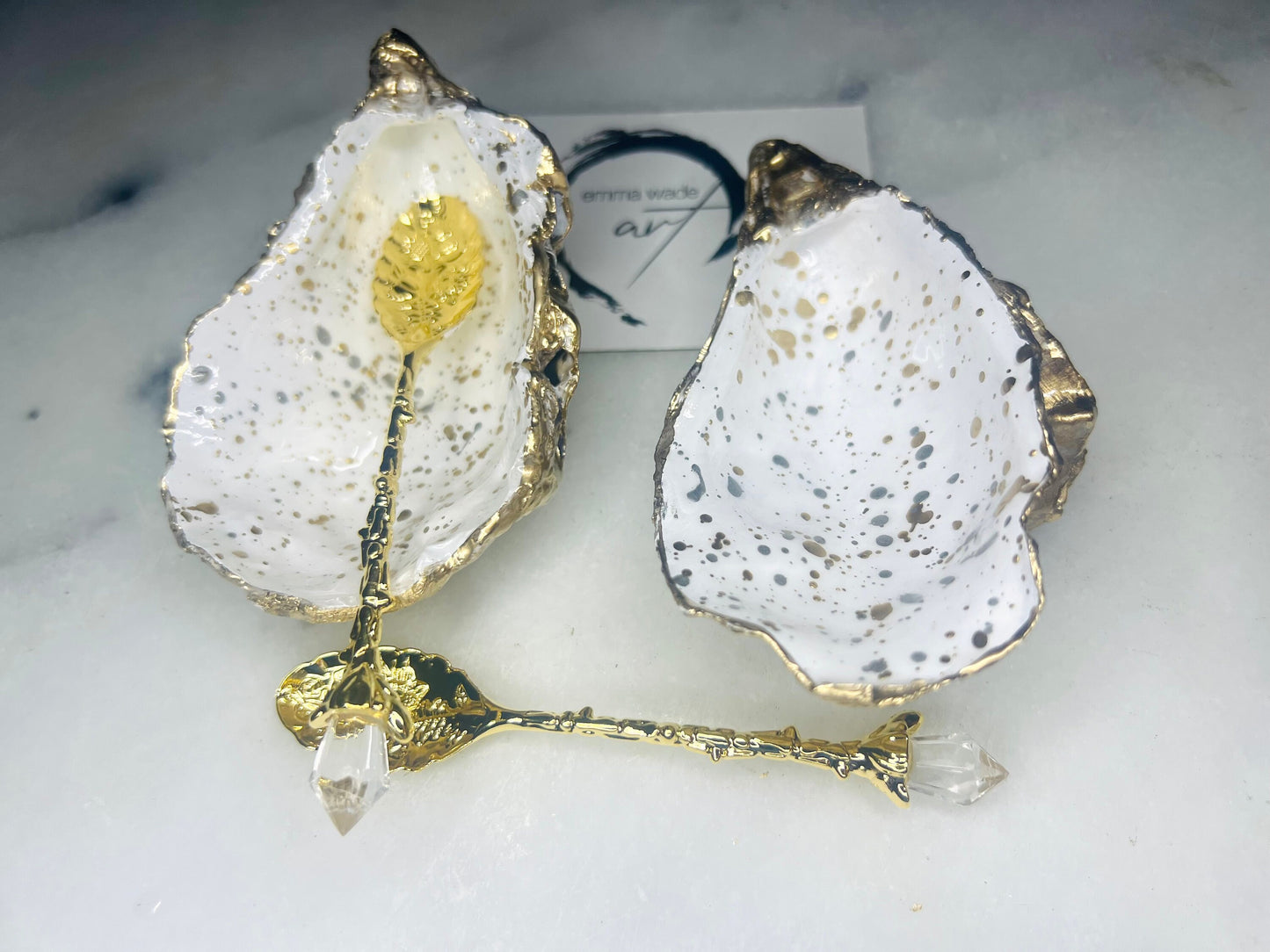 gift for her, dining decor, handmade dish, shell ornament, salt dish, salt and pepper pots, spice pots, coastal gifts, home decor, wedding favours, bridesmaid gift, pearl anniversary, shell decor, decorative accessories, EmmaWadeART, coastal decor, Handmade Dorset oyster shell salt and pepper pinch pots with glossy white interiors, speckled with liquid gold and silver leaf finish. Perfect coastal kitchen decor, beach wedding favours, or unique gift for foodies and hosts.