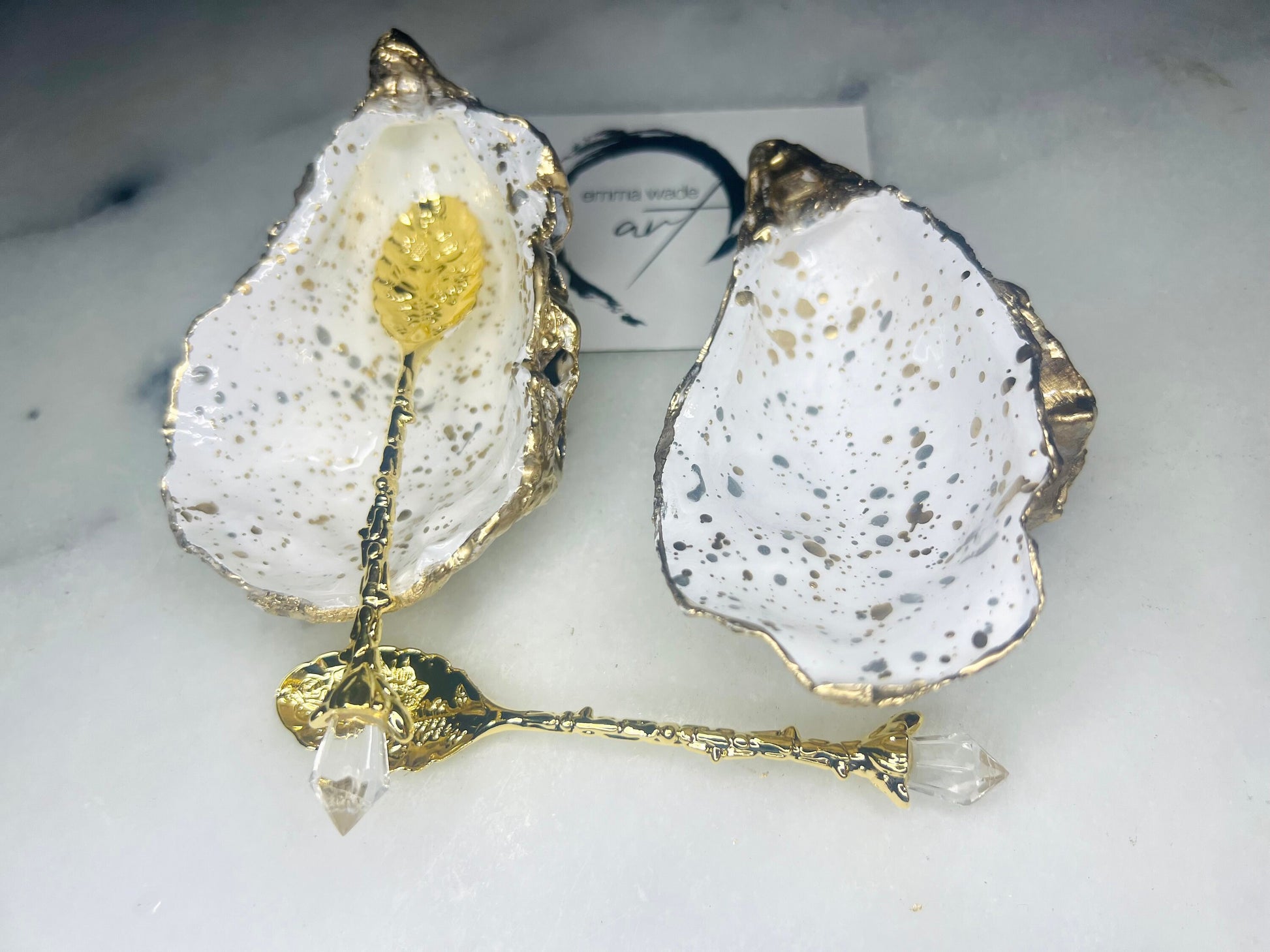 gift for her, dining decor, handmade dish, shell ornament, salt dish, salt and pepper pots, spice pots, coastal gifts, home decor, wedding favours, bridesmaid gift, pearl anniversary, shell decor, decorative accessories, EmmaWadeART, coastal decor, Handmade Dorset oyster shell salt and pepper pinch pots with glossy white interiors, speckled with liquid gold and silver leaf finish. Perfect coastal kitchen decor, beach wedding favours, or unique gift for foodies and hosts.