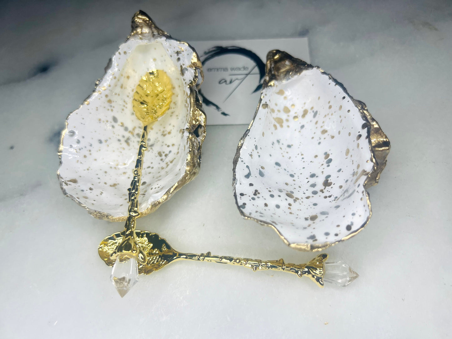 Pair of UK Oyster Gold and Silver Leaf Speckled Oyster Salt and Pepper Dishes: Coastal Decor, Coastal Tableware, add on gold spoons