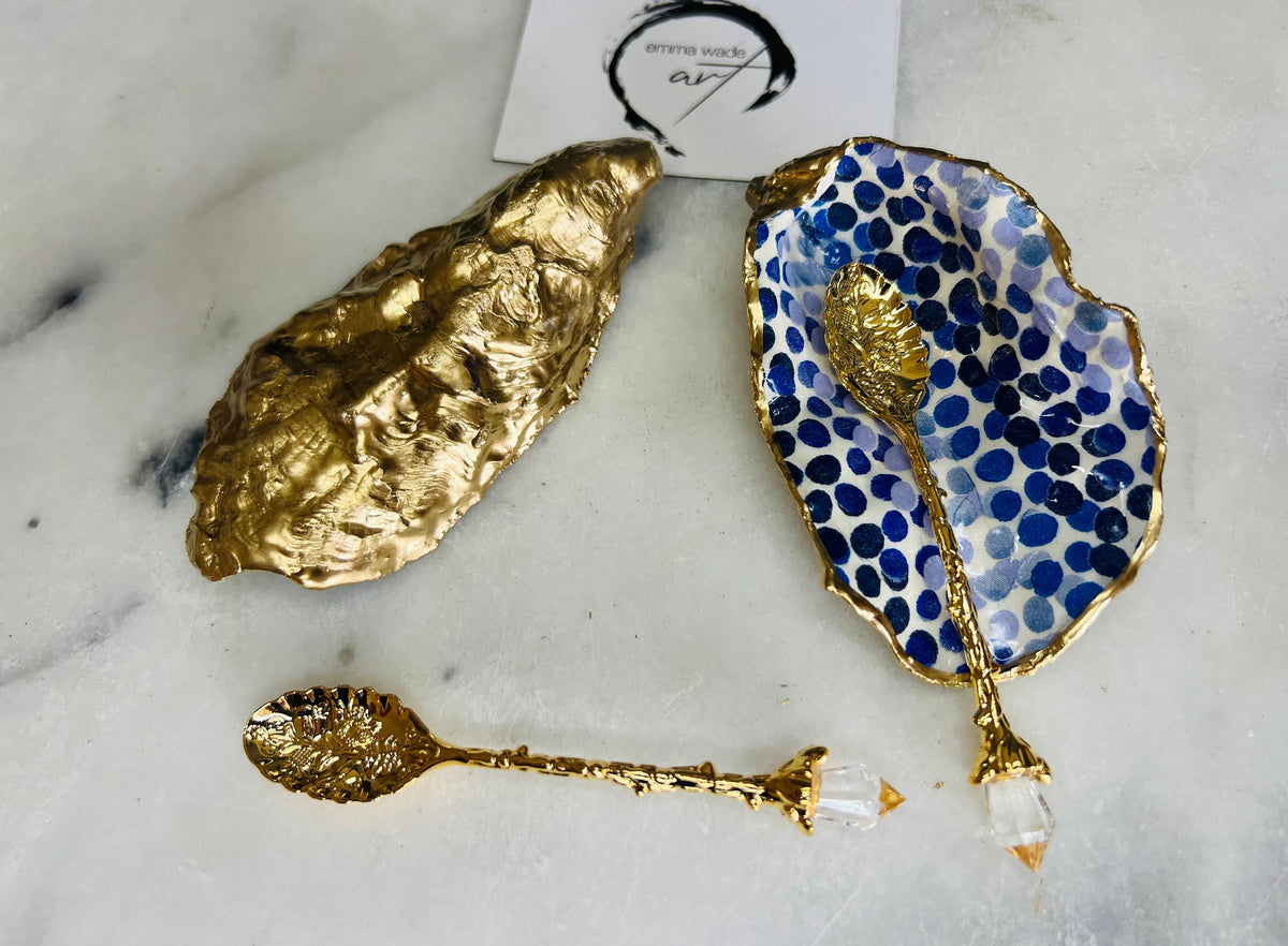 Emma Bridgewater Rainbow Blue Dots Oyster Shell Cruet Set, handmade Dorset salt and pepper pinch pots, gold leaf gilded oyster shells, coastal salt gift, unique wedding tableware, handmade UK shell decor, ocean-inspired kitchen accessory, oyster shell salt dishes, eco-friendly nautical dining gift, oyster cruet set for anniversaries, coastal home decor, oyster shell serving pots with optional gold crystal spoons.