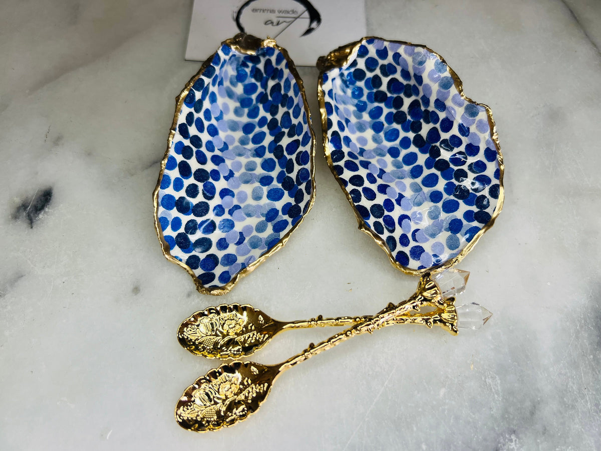 Emma Bridgewater Rainbow Blue Dots Oyster Shell Cruet Set, handmade Dorset salt and pepper pinch pots, gold leaf gilded oyster shells, coastal salt gift, unique wedding tableware, handmade UK shell decor, ocean-inspired kitchen accessory, oyster shell salt dishes, eco-friendly nautical dining gift, oyster cruet set for anniversaries, coastal home decor, oyster shell serving pots with optional gold crystal spoons.
