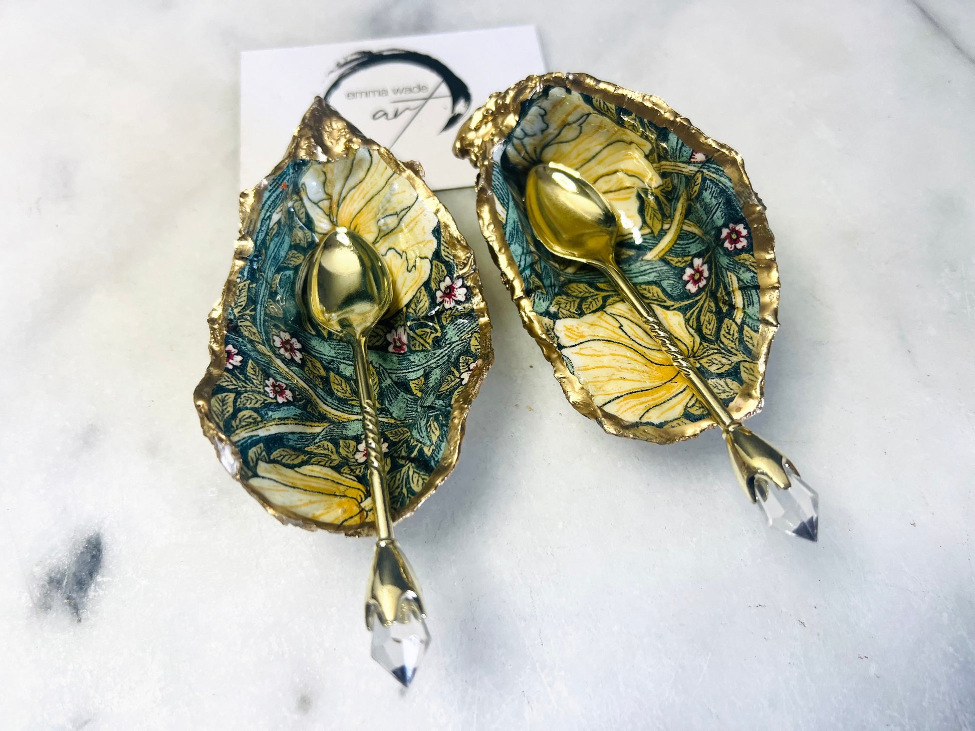 William Morris Golden Pimpernel oyster shell cruet set, Dorset oyster shell salt and pepper pinch pots, handmade gold leaf gilded oyster shell dishes, sustainable coastal tableware, oyster shell salt gift for weddings or anniversaries, William Morris floral oyster shell kitchen decor, luxury oyster shell dining accessories, unique handmade oyster shell salt dishes UK, eco friendly oyster shell homeware, Dorset oyster shell salt and pepper gift set with optional gold crystal spoons