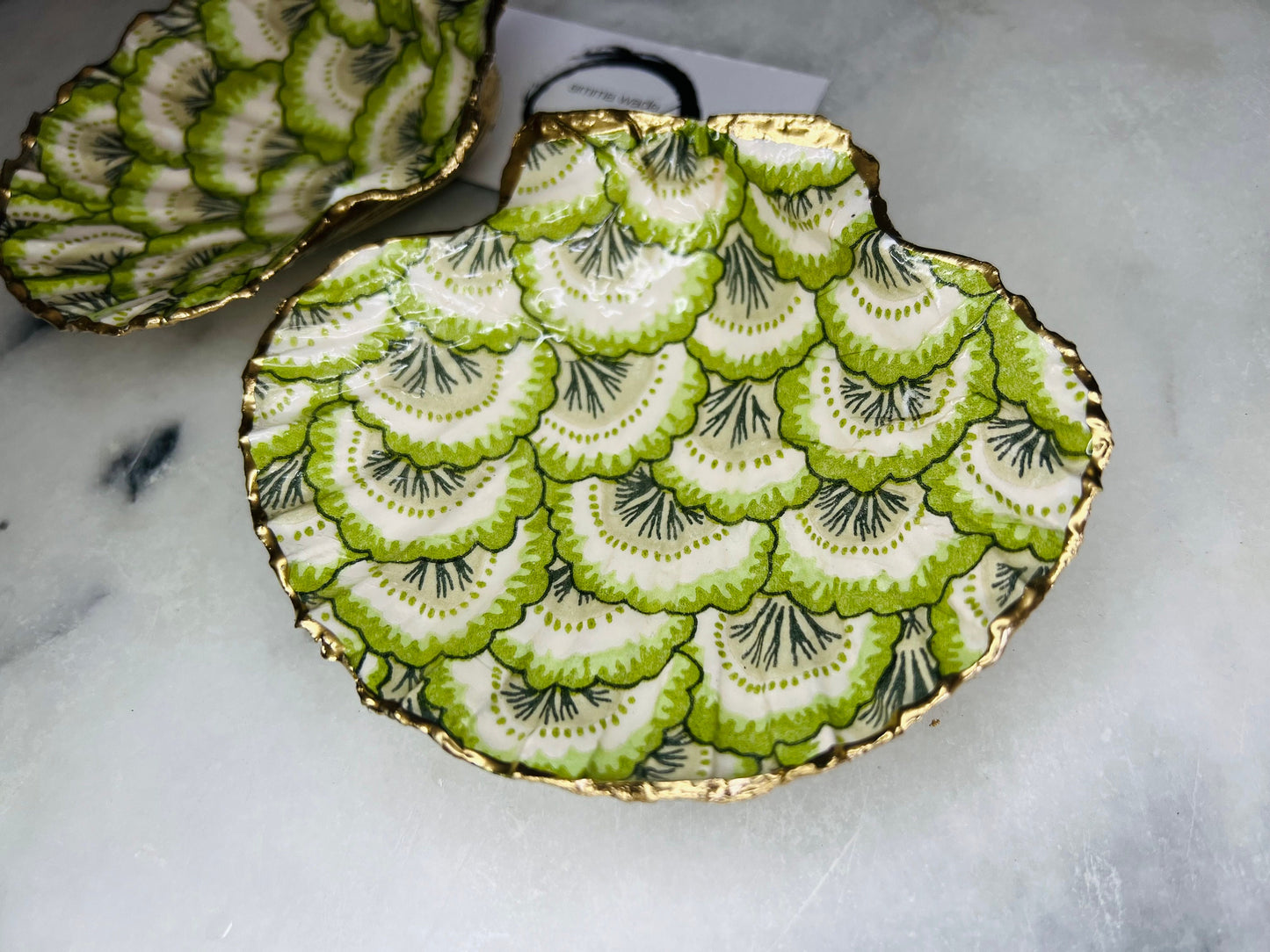 Gifts for her, Gift for him, Wedding gift, decoupaged scallop shell, Ring holder, Shell scallop Jewellery box, Trinket dish, Anniversary gift , Wedding gift ideas, Coastal decor, emmawadeart, Coastal ornament, Pontchartrain green, green dish