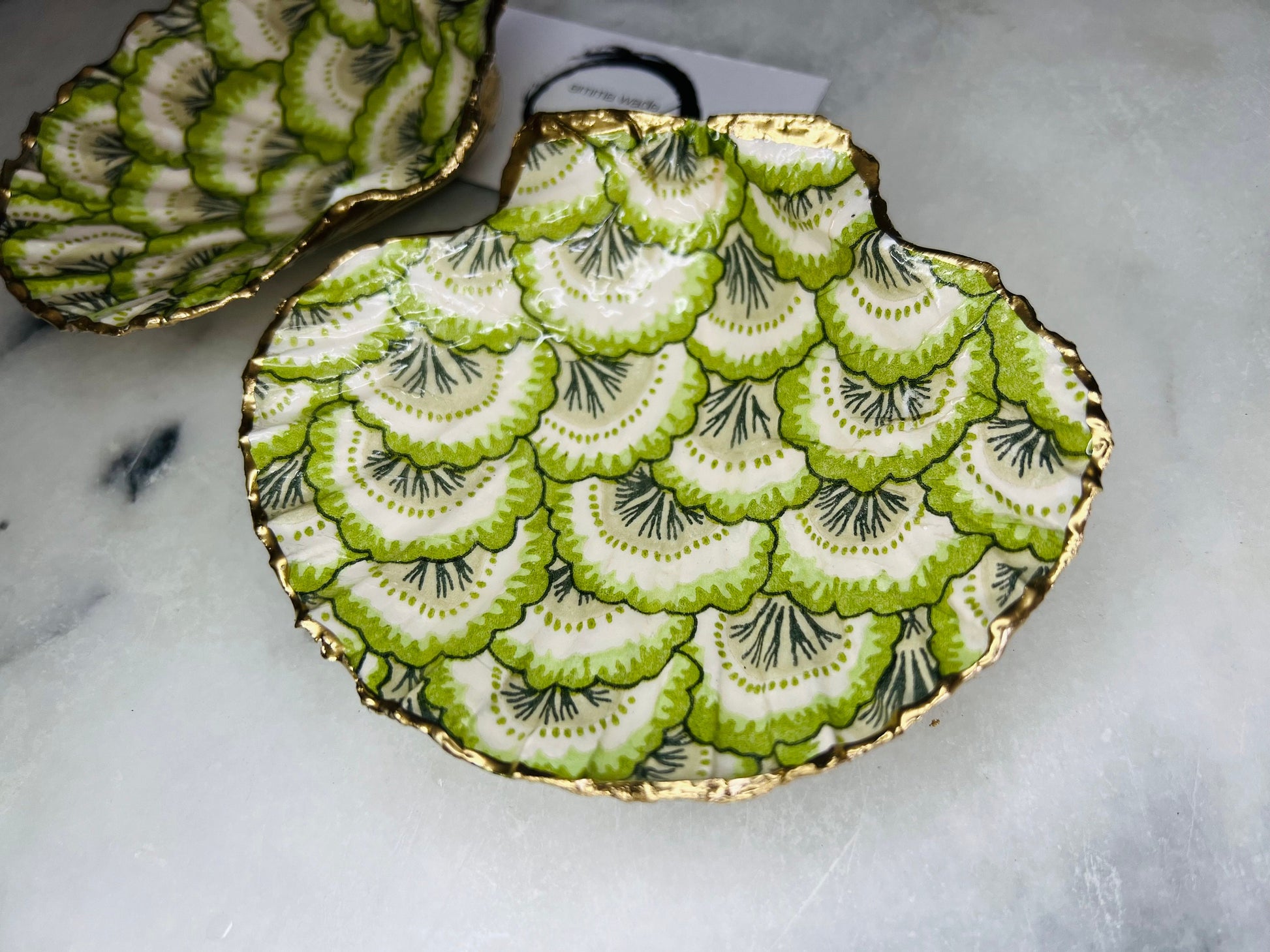 Gifts for her, Gift for him, Wedding gift, decoupaged scallop shell, Ring holder, Shell scallop Jewellery box, Trinket dish, Anniversary gift , Wedding gift ideas, Coastal decor, emmawadeart, Coastal ornament, Pontchartrain green, green dish