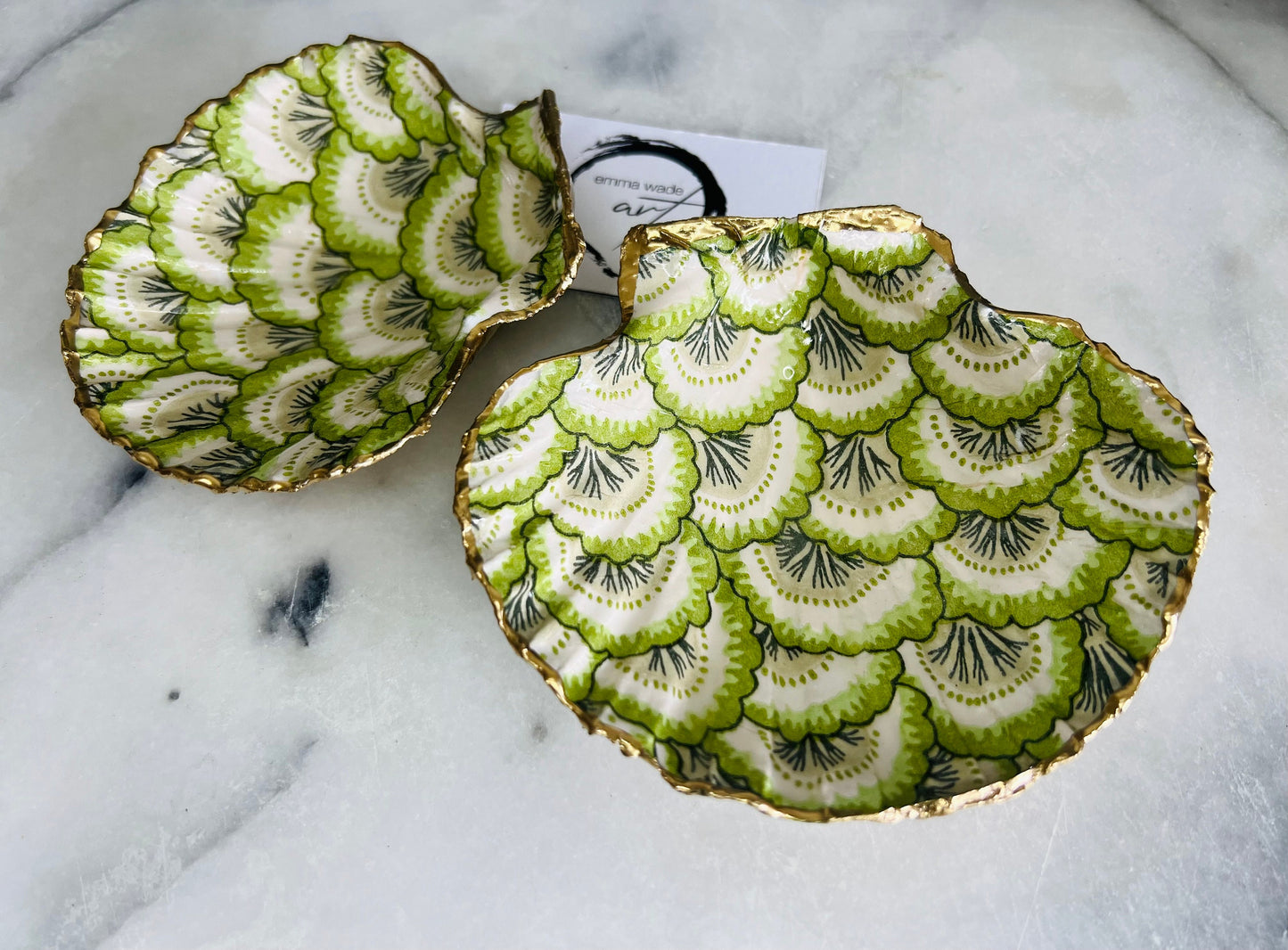 Gifts for her, Gift for him, Wedding gift, decoupaged scallop shell, Ring holder, Shell scallop Jewellery box, Trinket dish, Anniversary gift , Wedding gift ideas, Coastal decor, emmawadeart, Coastal ornament, Pontchartrain green, green dish