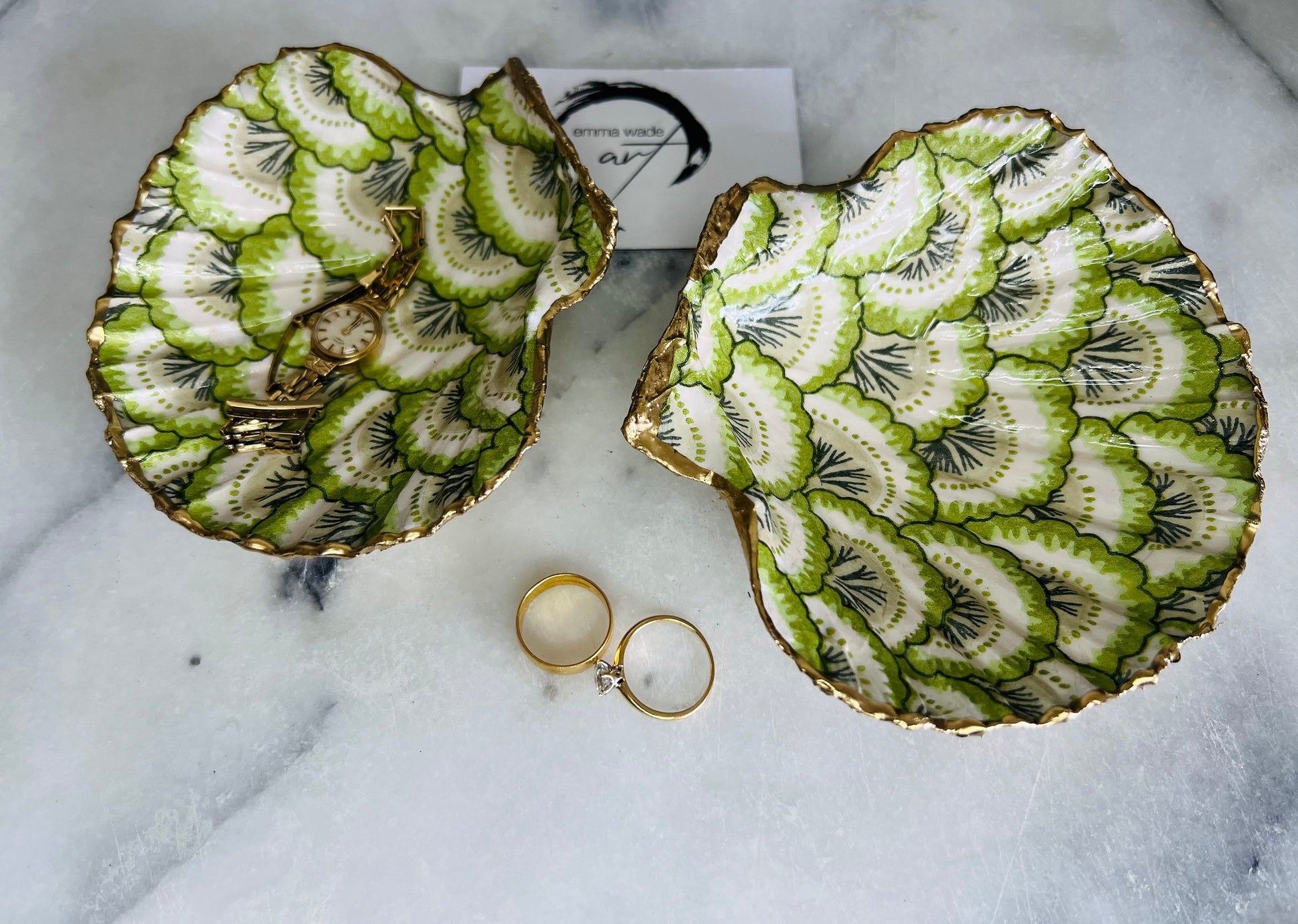 Gifts for her, Gift for him, Wedding gift, decoupaged scallop shell, Ring holder, Shell scallop Jewellery box, Trinket dish, Anniversary gift , Wedding gift ideas, Coastal decor, emmawadeart, Coastal ornament, Pontchartrain green, green dish
