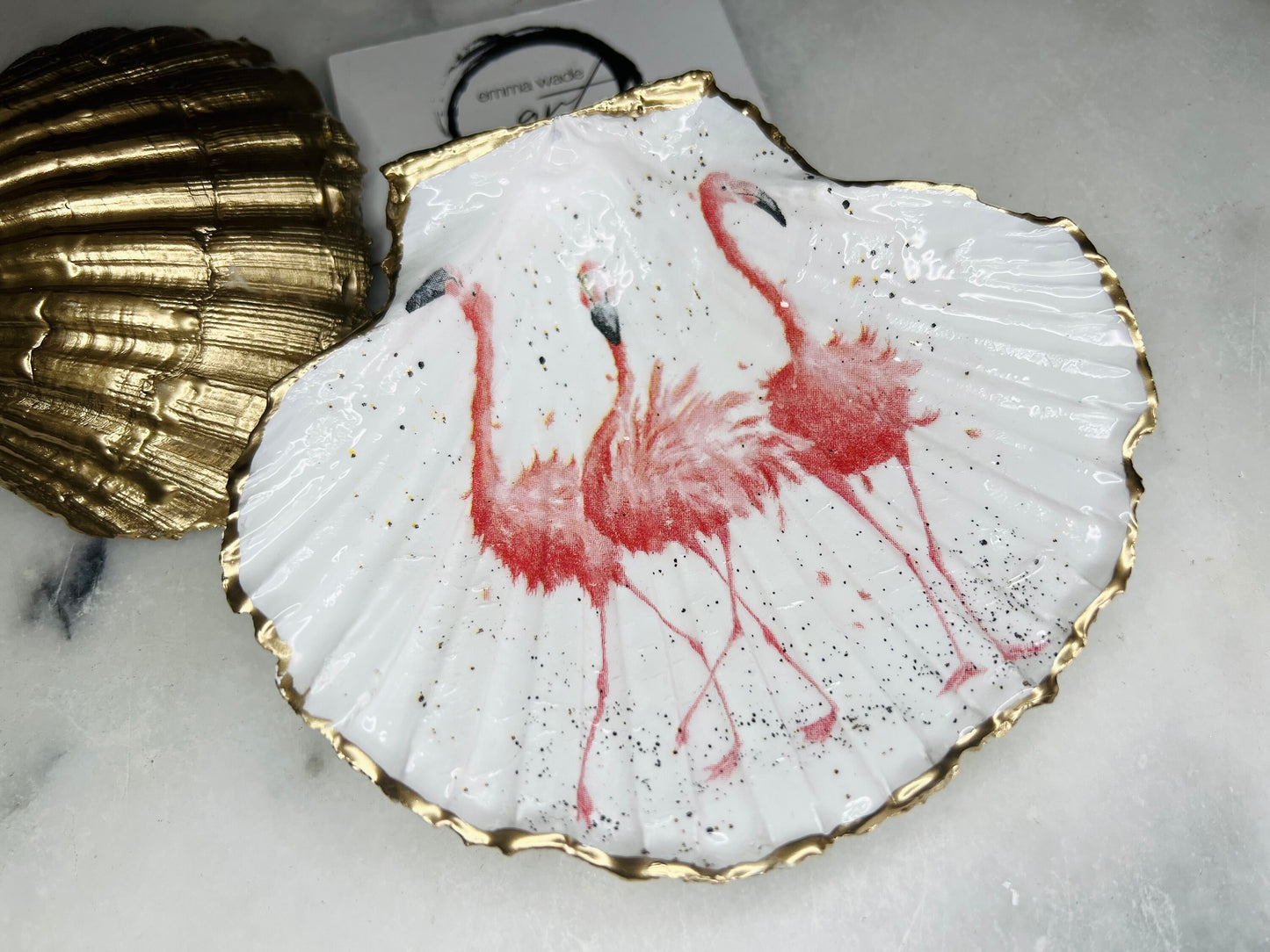 gift for her, jewellery dish, trinket dish, decoupaged shell, handmade dish, shell ornament, trinket box, coastal gifts, bird lover gift, coastal decor, pink flamingo ornament, shell decor, nature lover gift, flamingo gift, EmmaWadeART, gift for him