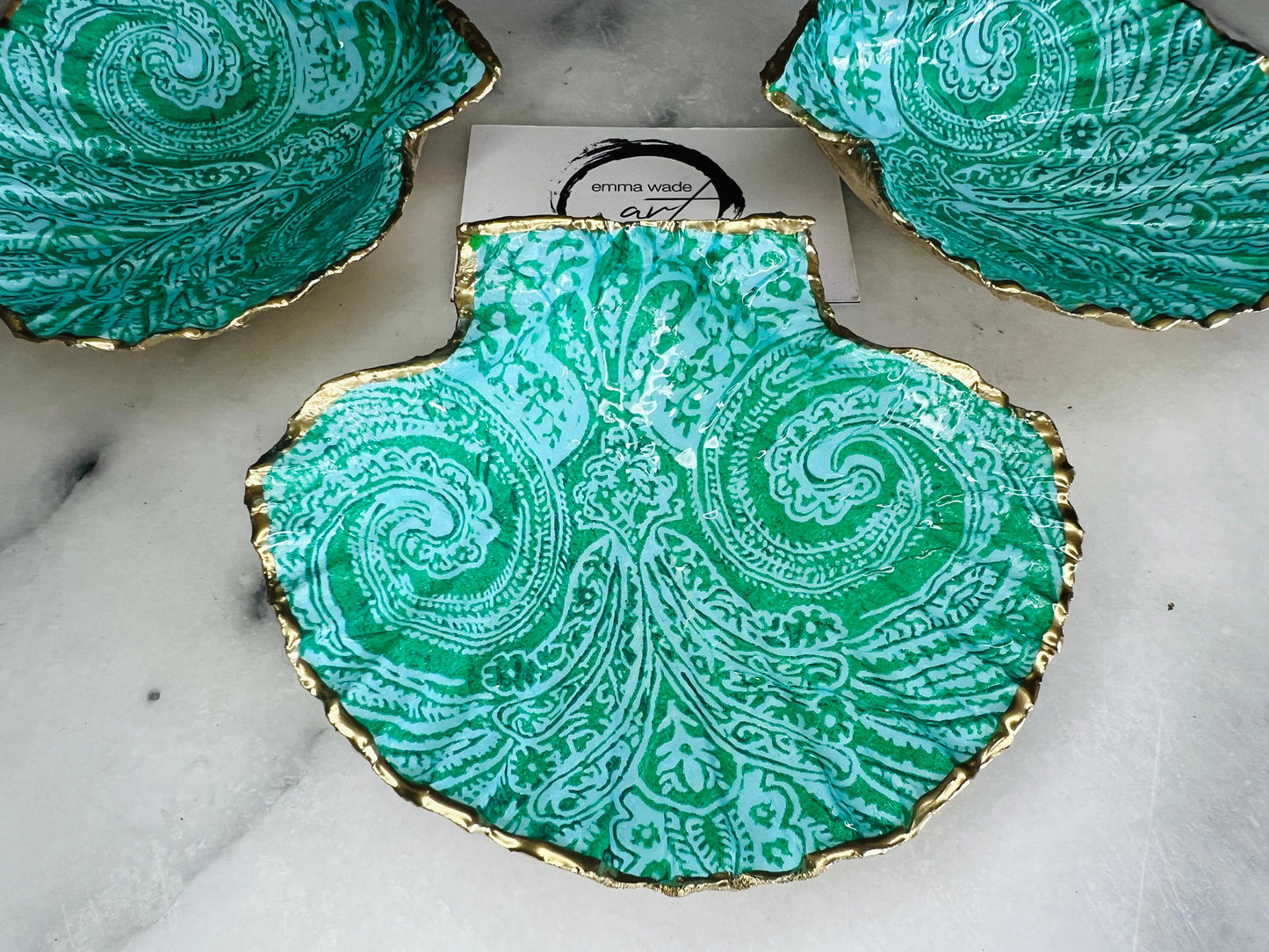 Gift for her, Gift for him, wedding gift, green paisley ornament, Ring holder, coastal decor, coastal gift, Trinket dish, jewellery dish, Anniversary gift, Coastal shell decor, Sustainable scallop ornament, nature lover gift, green gift, EmmaWadeART