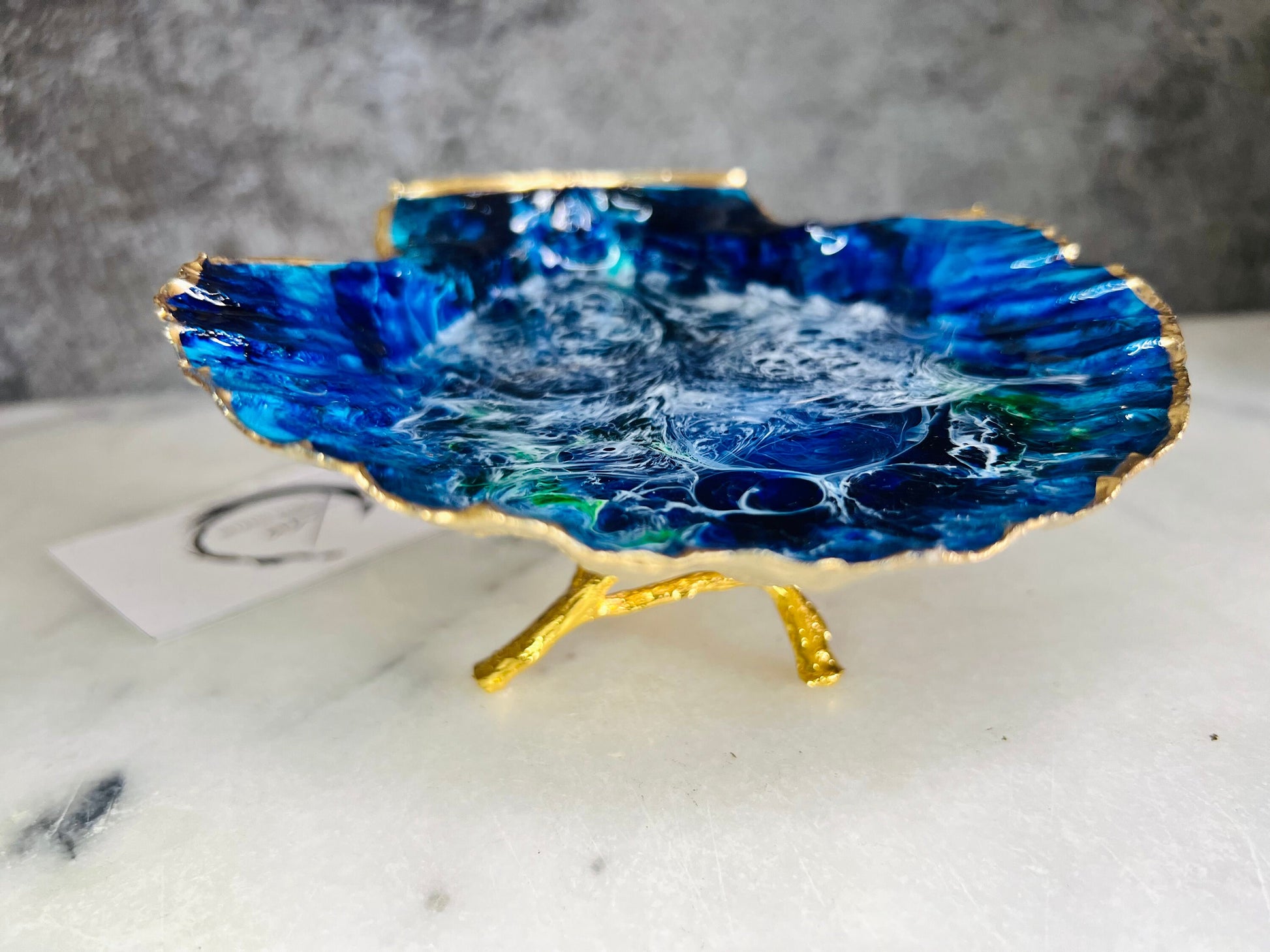 gift for her, blue gold dish, trinket dish, shell serving dish, blue handmade dish, shell ornament, trinket box, wedding gift, coastal gift, coastal decor, home decor, blue gift, shell decor, decorative ornament, EmmaWadeART, coastal ornament