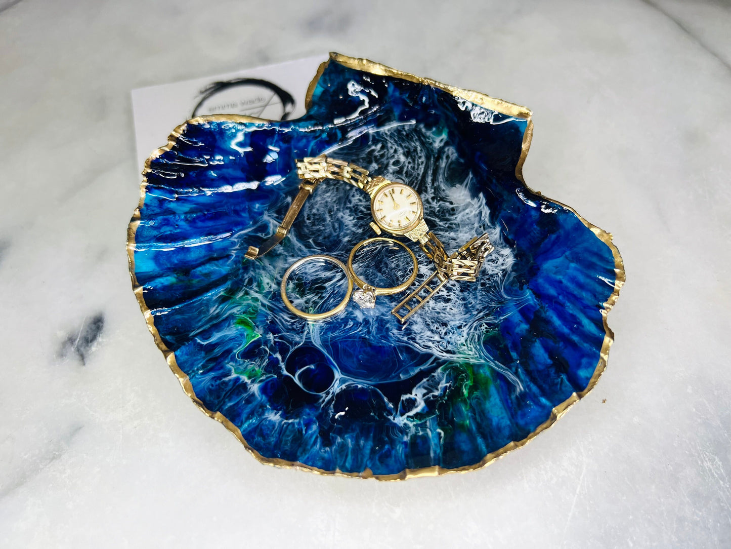 gift for her, blue gold dish, trinket dish, shell serving dish, blue handmade dish, shell ornament, trinket box, wedding gift, coastal gift, coastal decor, home decor, blue gift, shell decor, decorative ornament, EmmaWadeART, coastal ornament