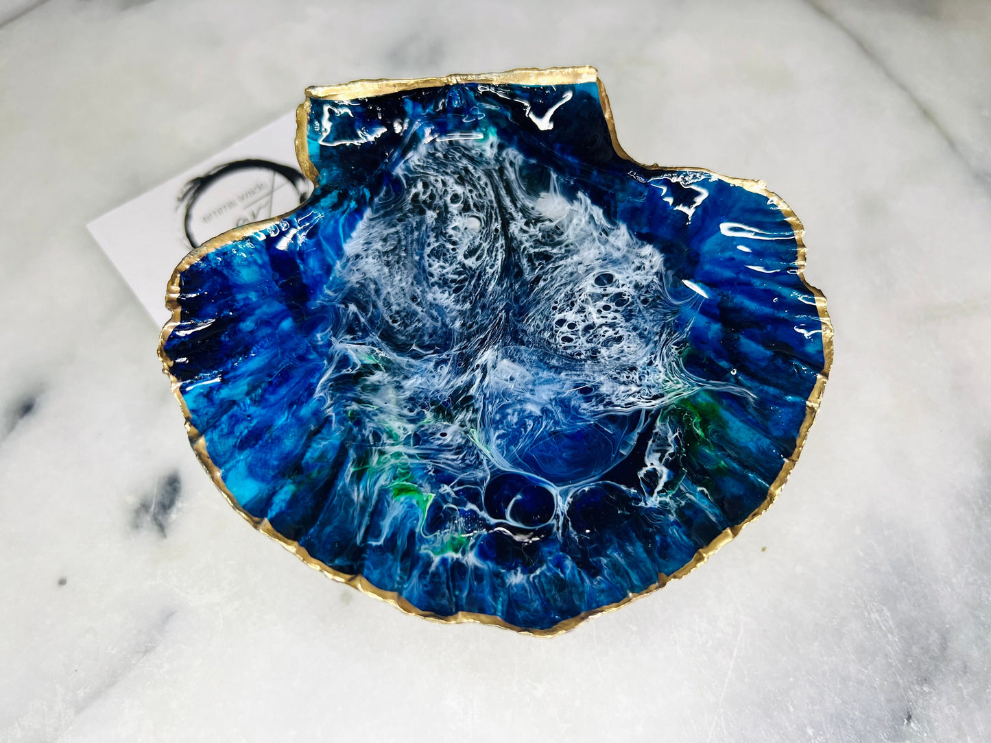 gift for her, blue gold dish, trinket dish, shell serving dish, blue handmade dish, shell ornament, trinket box, wedding gift, coastal gift, coastal decor, home decor, blue gift, shell decor, decorative ornament, EmmaWadeART, coastal ornament