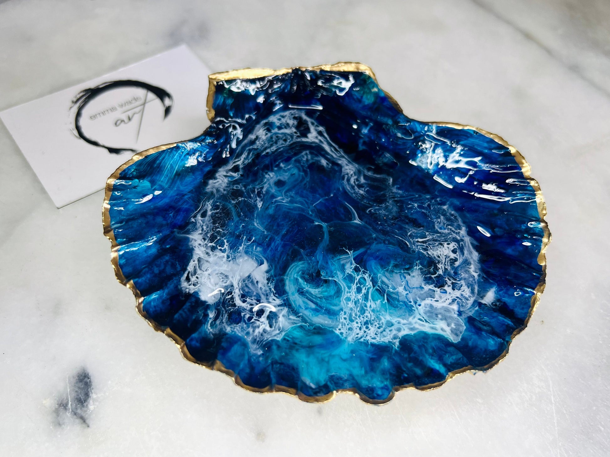 gift for her, blue gold dish, trinket dish, shell serving dish, blue handmade dish, shell ornament, trinket box, wedding gift, coastal gift, coastal decor, home decor, blue gift, shell decor, decorative ornament, EmmaWadeART, coastal ornament