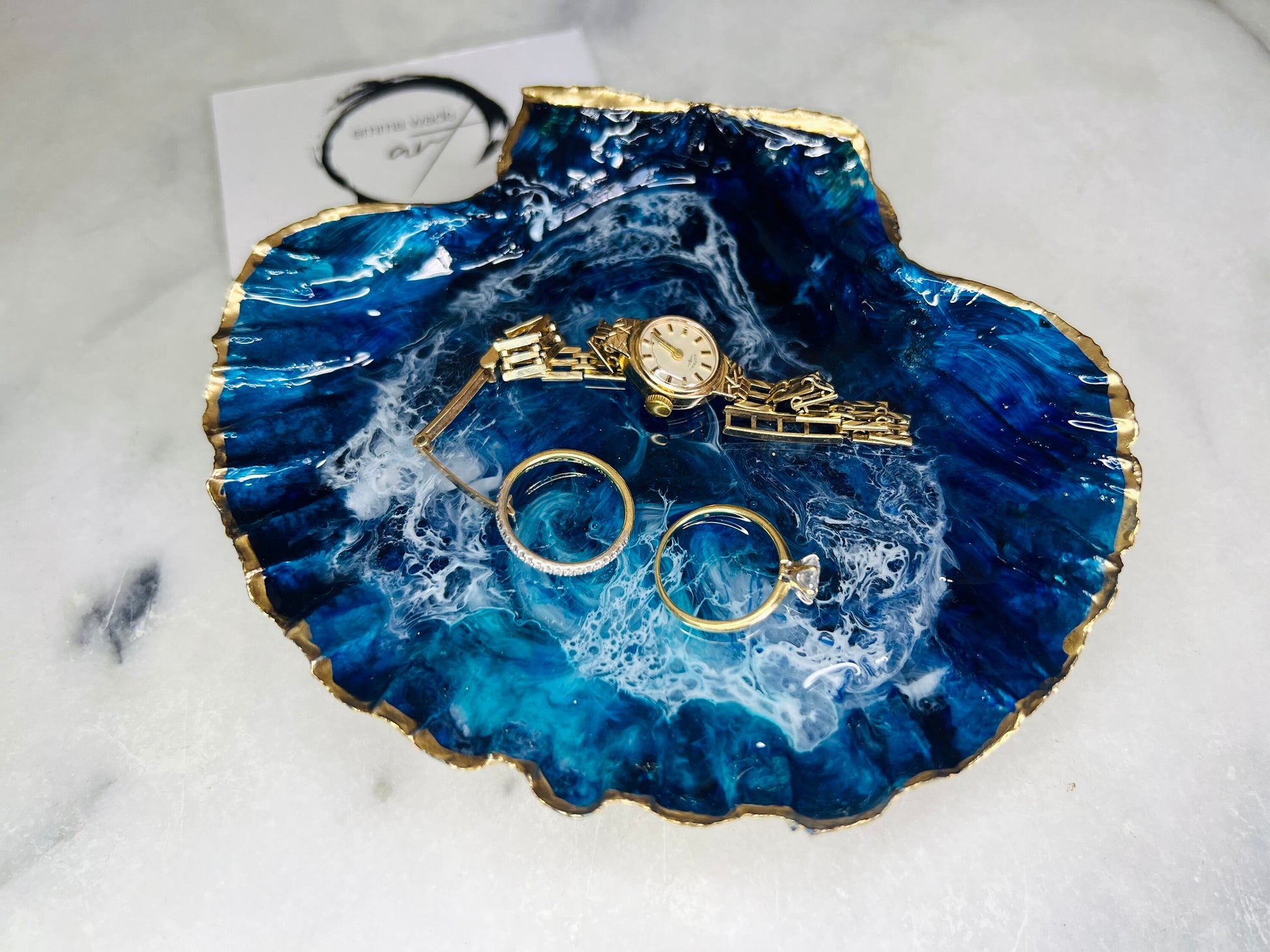 gift for her, blue gold dish, trinket dish, shell serving dish, blue handmade dish, shell ornament, trinket box, wedding gift, coastal gift, coastal decor, home decor, blue gift, shell decor, decorative ornament, EmmaWadeART, coastal ornament