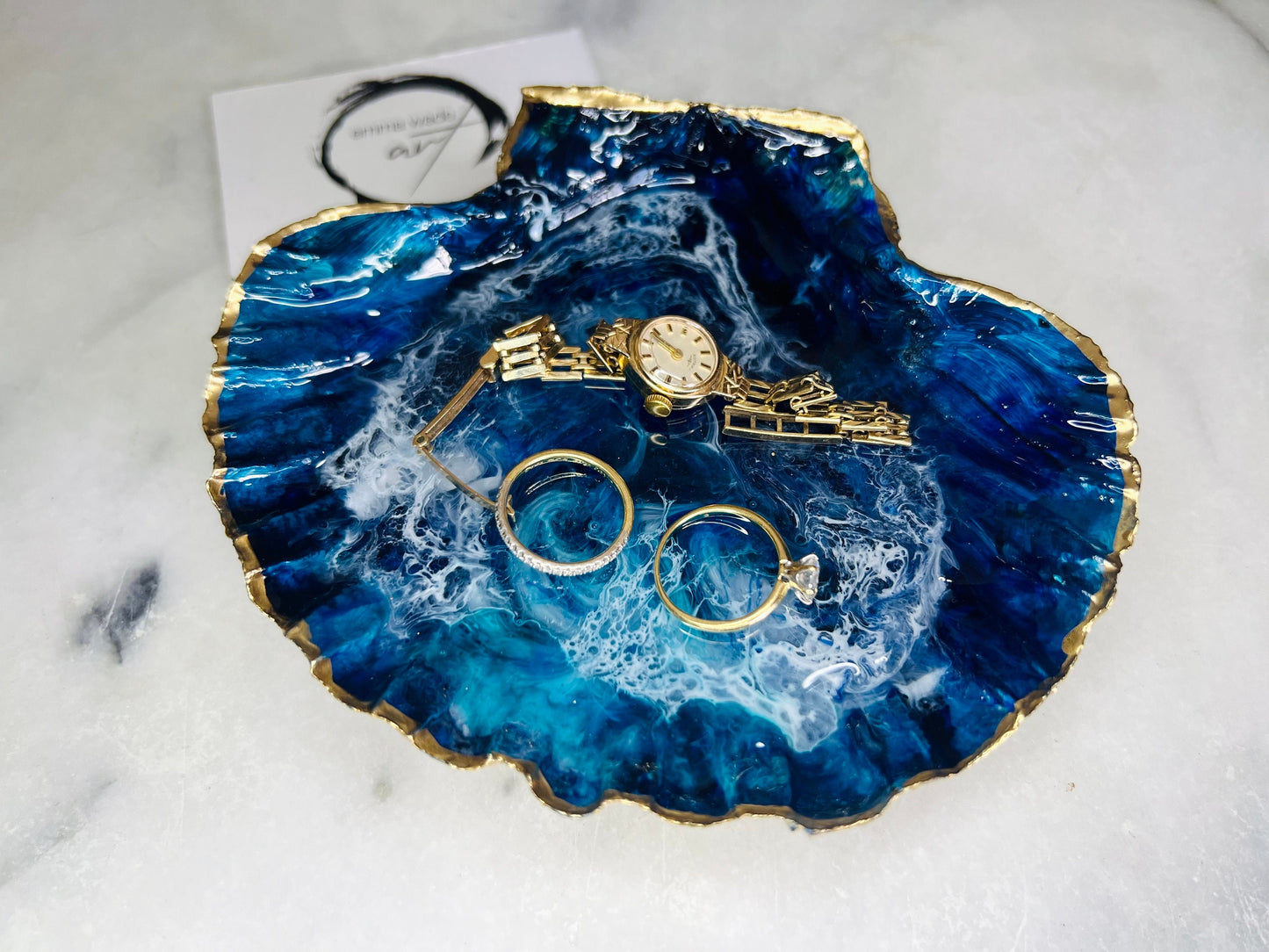 gift for her, blue gold dish, trinket dish, shell serving dish, blue handmade dish, shell ornament, trinket box, wedding gift, coastal gift, coastal decor, home decor, blue gift, shell decor, decorative ornament, EmmaWadeART, coastal ornament