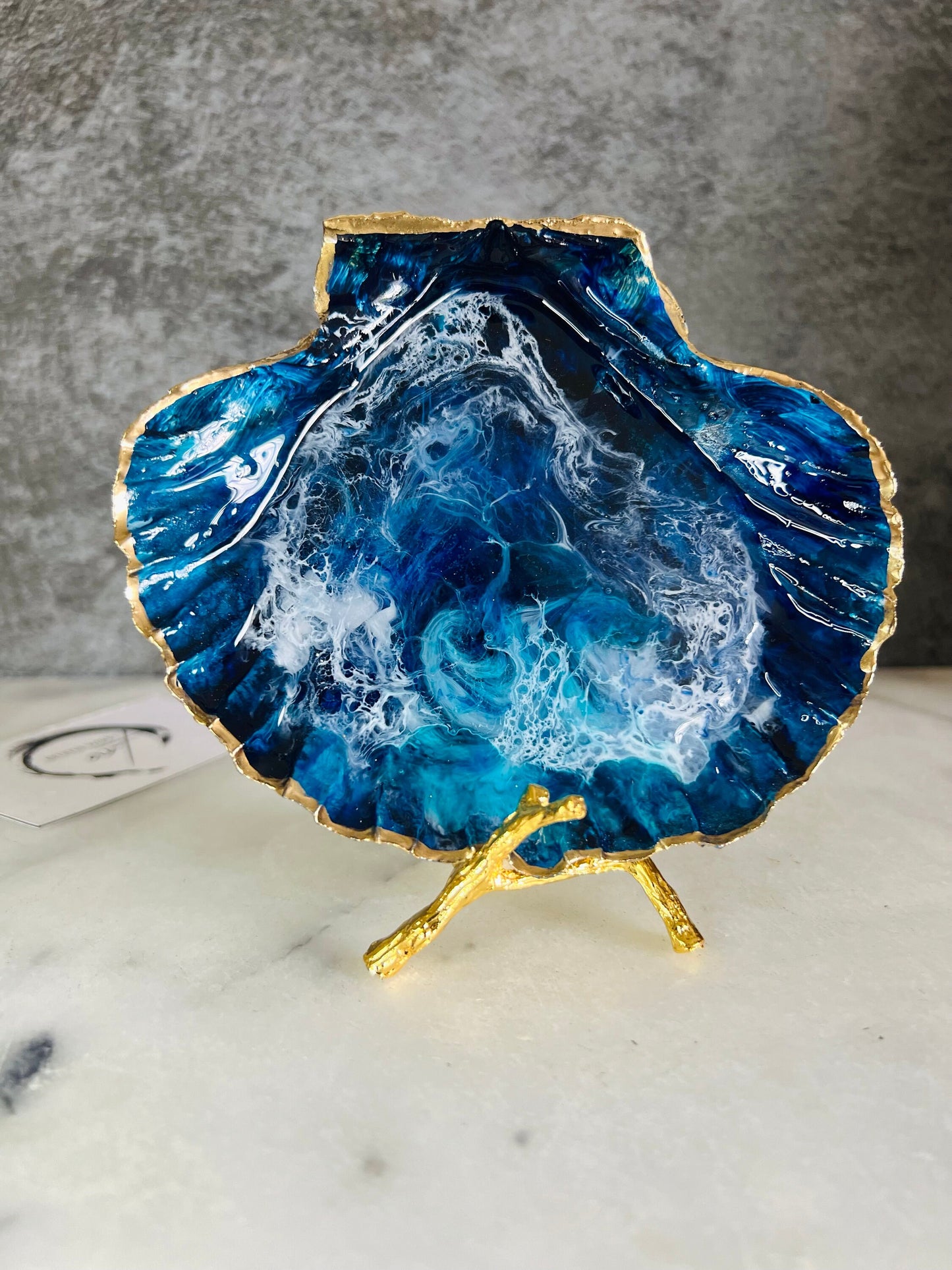 gift for her, blue gold dish, trinket dish, shell serving dish, blue handmade dish, shell ornament, trinket box, wedding gift, coastal gift, coastal decor, home decor, blue gift, shell decor, decorative ornament, EmmaWadeART, coastal ornament