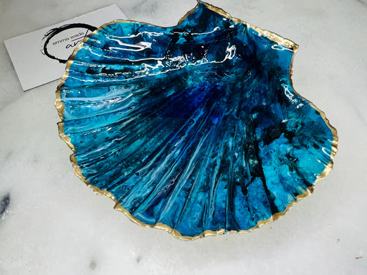 gift for her, blue gold dish, trinket dish, shell serving dish, blue handmade dish, shell ornament, trinket box, wedding gift, coastal gift, coastal decor, home decor, blue gift, shell decor, decorative ornament, EmmaWadeART, coastal ornament