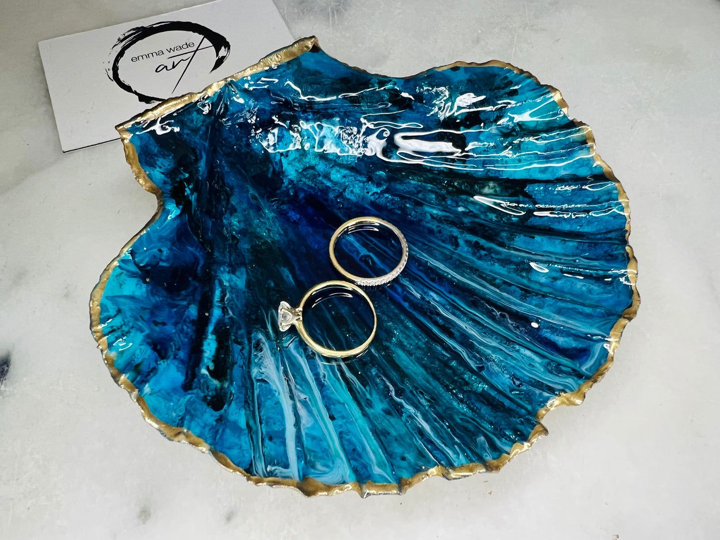 gift for her, blue gold dish, trinket dish, shell serving dish, blue handmade dish, shell ornament, trinket box, wedding gift, coastal gift, coastal decor, home decor, blue gift, shell decor, decorative ornament, EmmaWadeART, coastal ornament