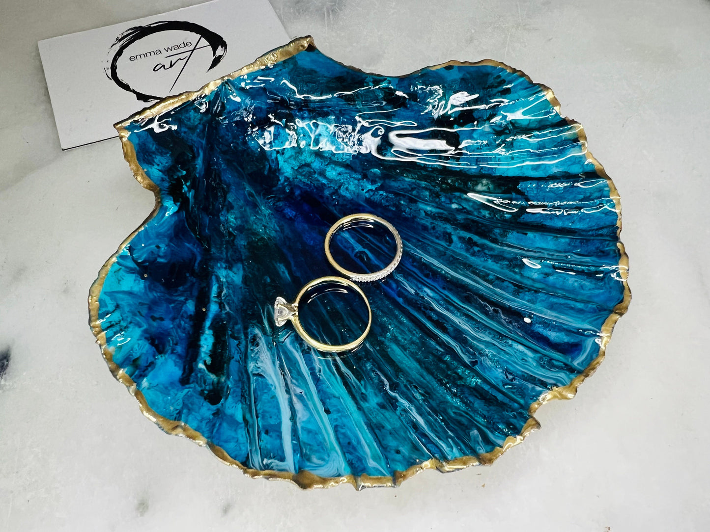 gift for her, blue gold dish, trinket dish, shell serving dish, blue handmade dish, shell ornament, trinket box, wedding gift, coastal gift, coastal decor, home decor, blue gift, shell decor, decorative ornament, EmmaWadeART, coastal ornament
