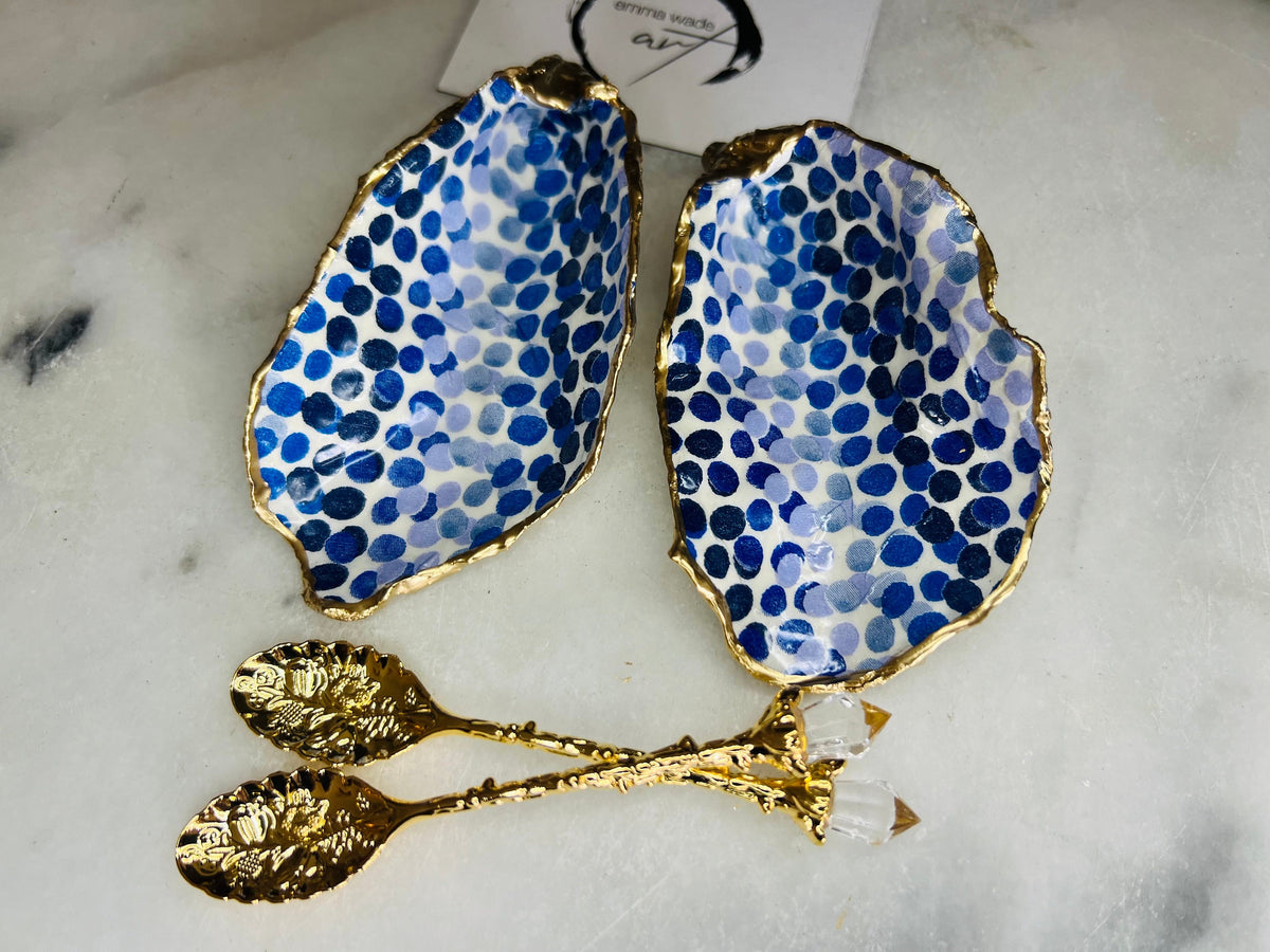 Emma Bridgewater Rainbow Blue Dots Oyster Shell Cruet Set, handmade Dorset salt and pepper pinch pots, gold leaf gilded oyster shells, coastal salt gift, unique wedding tableware, handmade UK shell decor, ocean-inspired kitchen accessory, oyster shell salt dishes, eco-friendly nautical dining gift, oyster cruet set for anniversaries, coastal home decor, oyster shell serving pots with optional gold crystal spoons.