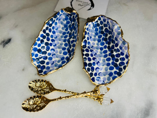 Emma Bridgewater Rainbow Blue Dots Oyster Shell Cruet Set, handmade Dorset salt and pepper pinch pots, gold leaf gilded oyster shells, coastal salt gift, unique wedding tableware, handmade UK shell decor, ocean-inspired kitchen accessory, oyster shell salt dishes, eco-friendly nautical dining gift, oyster cruet set for anniversaries, coastal home decor, oyster shell serving pots with optional gold crystal spoons.