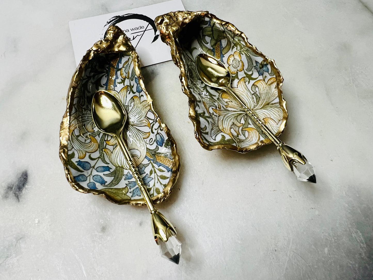 gifts for her, decorated dish, William Morris golden lily, serving dish, pinch pots, spice pots, unique wedding gift, golden anniversary, gold oyster shell, Salt anniversary, Salt cellar golden lily, salt and pepper dishes, coastal gifts, flower gift, dining decor, kitchen decor, gift for mum, William Morris gift, EmmaWadeART, cruet set, host gift, seashell gift, salt dish, new home gift, oyster shell dish, golden shell dish, salt pepper pinch pots
