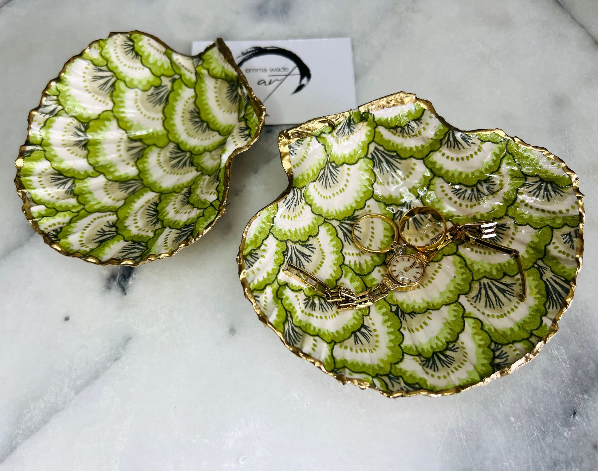 Gifts for her, Gift for him, Wedding gift, decoupaged scallop shell, Ring holder, Shell scallop Jewellery box, Trinket dish, Anniversary gift , Wedding gift ideas, Coastal decor, emmawadeart, Coastal ornament, Pontchartrain green, green dish