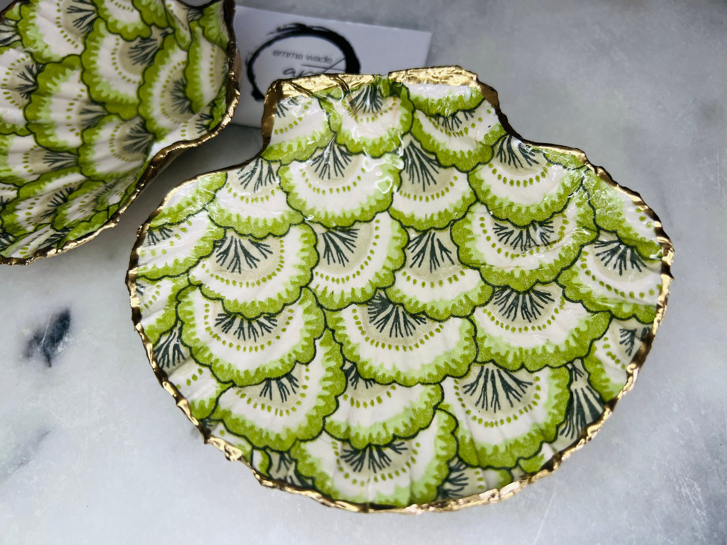 Gifts for her, Gift for him, Wedding gift, decoupaged scallop shell, Ring holder, Shell scallop Jewellery box, Trinket dish, Anniversary gift , Wedding gift ideas, Coastal decor, emmawadeart, Coastal ornament, Pontchartrain green, green dish